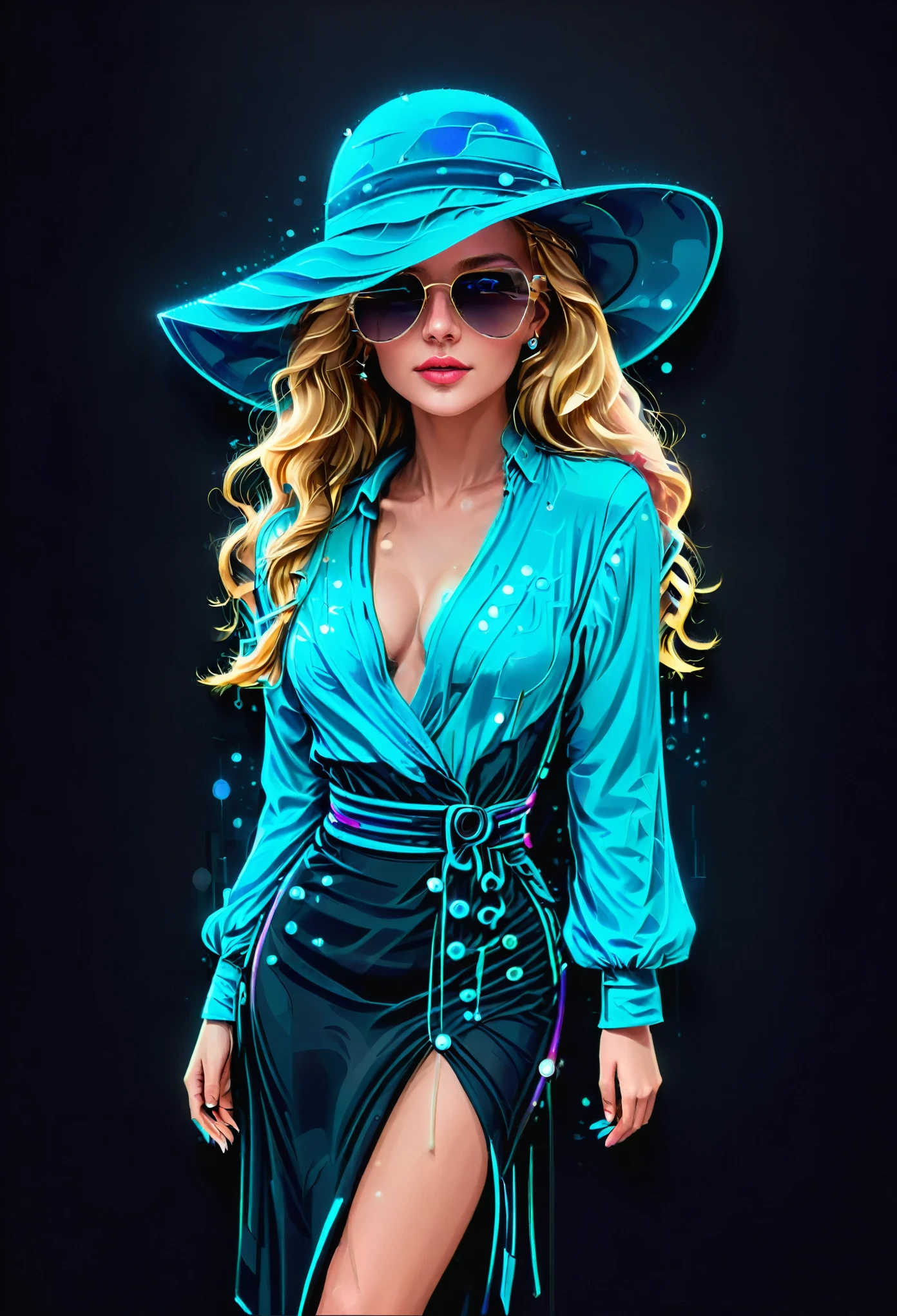 The image is a digital illustration of a young woman wearing a blue dress and a large black hat. The dress is form-fitting and has a deep V-neckline with a plunging neckline. The skirt of the dress is flowing behind her, creating a dramatic silhouette. She is also wearing large sunglasses and has long blonde hair that is styled in loose waves. The background is black with small white dots scattered throughout, giving the image a dreamy and ethereal feel. The overall color scheme of the image is blue and black, making the woman stand out.