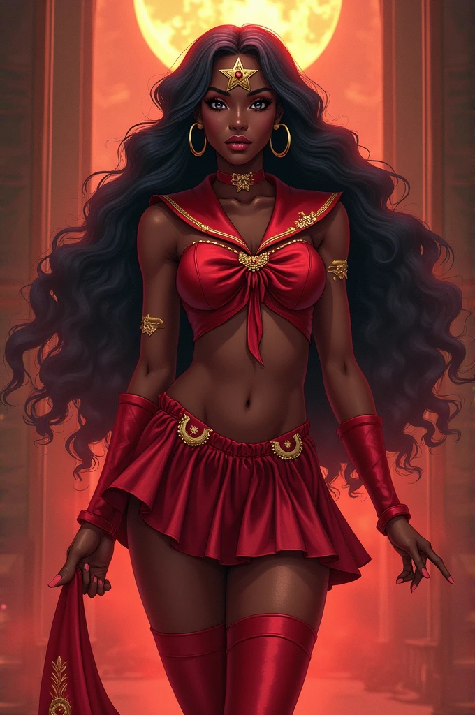 Create a powerful and emotionally charged image of a black anime woman in the anime style of Aaron McGruder standing amidst a backdrop of roaring flames. Her stance is strong and determined, with glowing embers swirling around her. The flames illuminate her dark skin, making it glisten with a radiant glow. Her eyes are filled with resolve, reflecting the fire around her, while her hair flows wildly as if caught in the heat. She is adorned in a battle-worn yet regal outfit with intricate patterns, symbolizing strength and resilience. The background should show a landscape of both destruction and hope, with the fire representing challenges she has overcome and a glimpse of the dawn breaking in the distance, symbolizing the new beginnings that await her. The scene should be vibrant, dynamic, and full of emotional depth, capturing the essence of triumph and perseverance