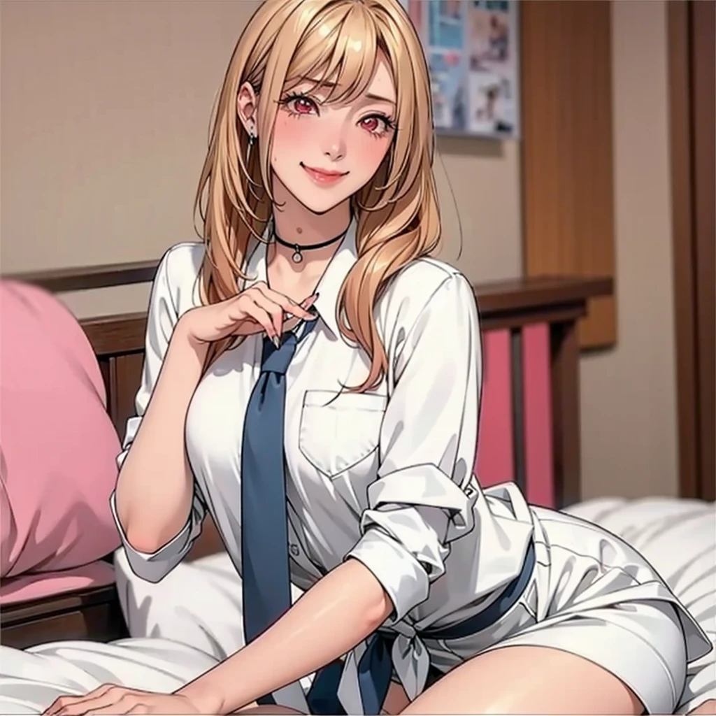 ((Master quality, 8K, masterpiece:1.3, ultra-detailed, high resolution, RAW Photos, detailed , blurry, Actual, ((hyper realistic)), photo, HDR)), BREAK, Anatomically perfect, perfect hands, perfect legs, perfect feet, detailed eyes, BREAK, , kitagawa marin, ((blond long hair, red eyes)) , gyaru, blush, , One girl alone, BREAK, beautiful face, beautiful detailed eyes, , ((( undress ))), , ( Round and Stacked Breasts, ), Cleavage, , , slim waist, (((, seductive smile ))), Sweat-soaked skin, BREAK, wearing( ,  , school uniform, , white shirt, Navy Blue skirt , jewelry , , ear piercing, earrings, black choker , collared shirt, , nail polish, sparkle, long fingernails, fingernails, , pink nails, , sleeves rolled up, barbell piercing, black necktie, lace bra, , Wet:1.5, ), , BREAK, ( Random Angle, full-body, ), dynamic angle, , background(Realistic , cinematic lighting, depth of field, indoor, herroom, bed, Contemporary style hobby room, numerous anime posters, A flirty atmosphere, , , light particles)