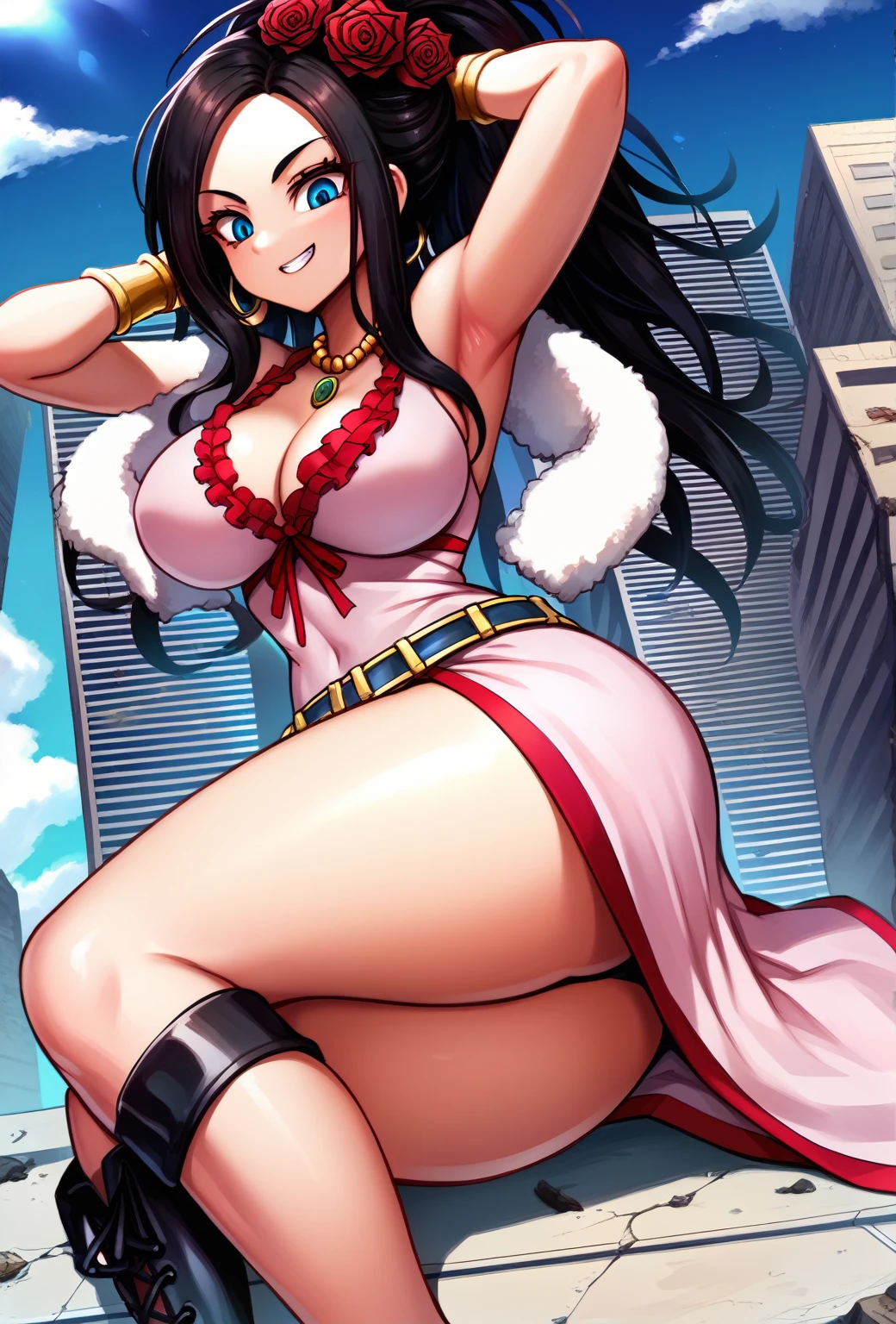 master piece, best quality, extremely detailed CG unity 8k wallpaper, ultra-detailed, detailed face, detailed eyes, 8K, front view, official art, anime style, 

athletic curvy physique, inverted body type, attractive feminine curves,  big breasts, curvy legs and arms, feminine curvy figure, (thick thighs, thick calves, thick voluptuous legs, big curvy hip, bare knees, bare thighs), ((style of plump voluptuous body)), 

black over-the-calf boots,  ((long laced boots feather boa, leaning upper body forward)),
black hair blue eyes, rose flower ornament, 

1 beautiful giant woman, looking down with alluring smile, smirk, (yokozuwari:1.3), sitting on building, sitting on side, leaning to the building, arms up behind head, crossing legs, ruins, looming, teeth, ((lying on side)),

GTS, giantess, jvdaniang, building size, dqdebora, black hair, hair rose, multiple hair flowers, necklace, pink dress, sleeveless, frills, cleavage, belt, bracelet

