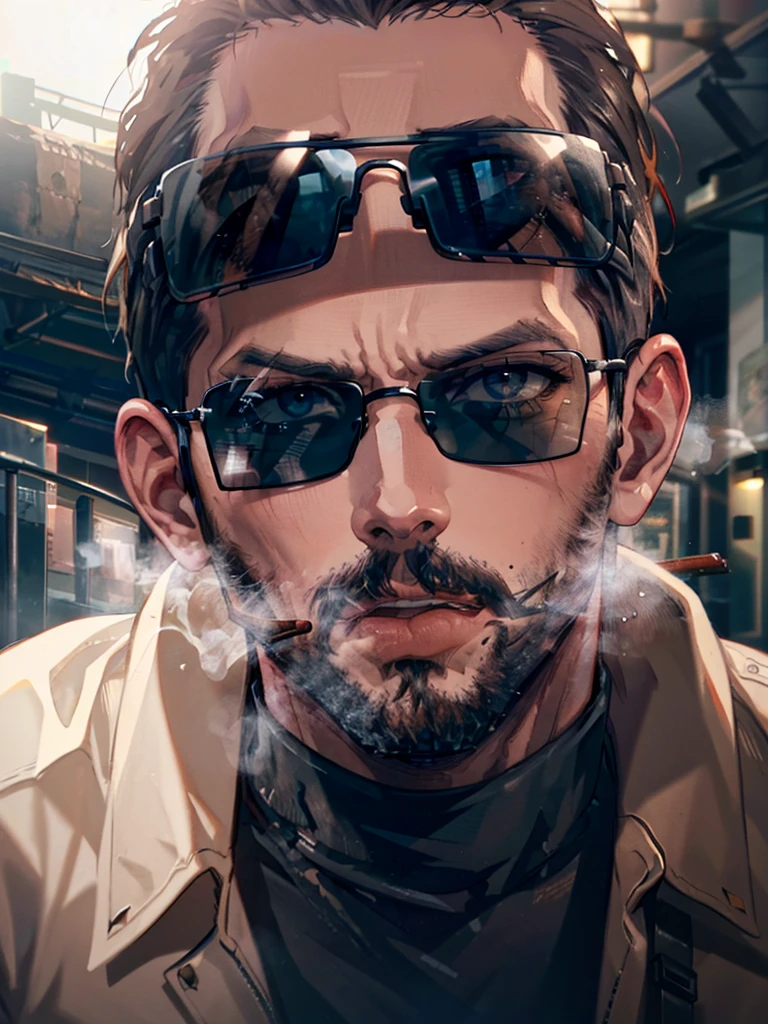 a rugged, rough-looking man wearing sunglasses and smoking a cigar, detailed facial features, chiseled jawline, intense gaze, cinematic lighting, dramatic shadows, hyper-realistic, intricate details, warm color palette, moody atmosphere, oil painting, masterpiece, 8k, photorealistic