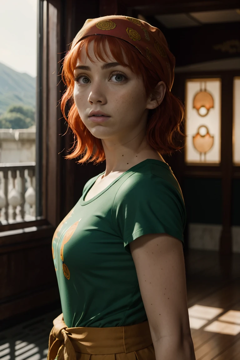 emilyrudd, nami, a woman with red hair an a green shirt wearing a bandana , Nami one piece, hot look, in bedroom, red dress
