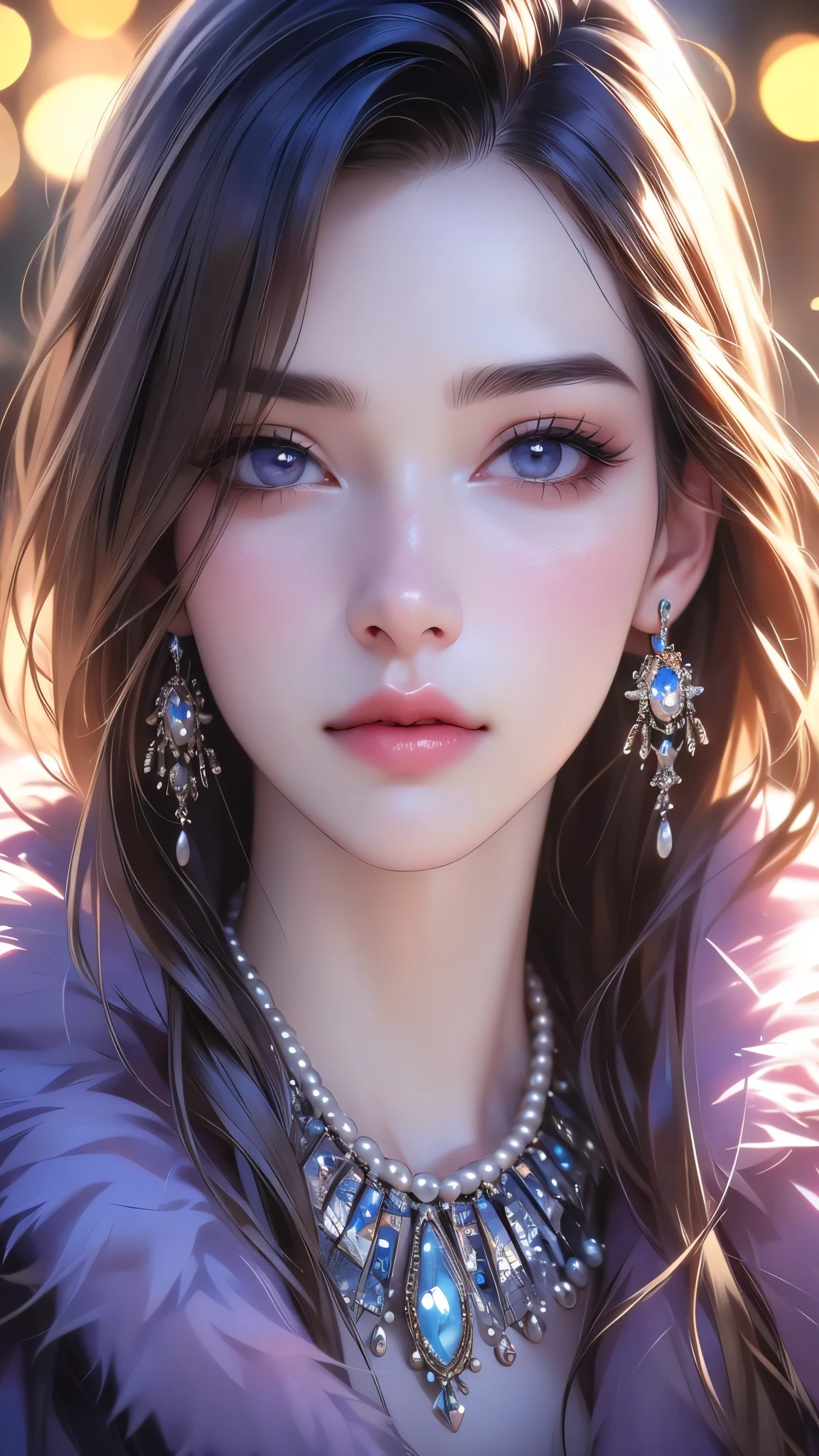 1girl, beautiful detailed eyes, beautiful detailed lips, extremely detailed face, long eyelashes, fur-trimmed jacket, fur collar, fur coat, fur-trimmed coat, fur cape, fur scarf, fur, pearl necklace, earrings, necklace, pendant, nose piercing, ear piercing, looking at viewer, realistic, solo, (best quality,4k,8k,highres,masterpiece:1.2),ultra-detailed,(realistic,photorealistic,photo-realistic:1.37),HDR,UHD,studio lighting,ultra-fine painting,sharp focus,physically-based rendering,extreme detail description,professional,vivid colors,bokeh,portrait