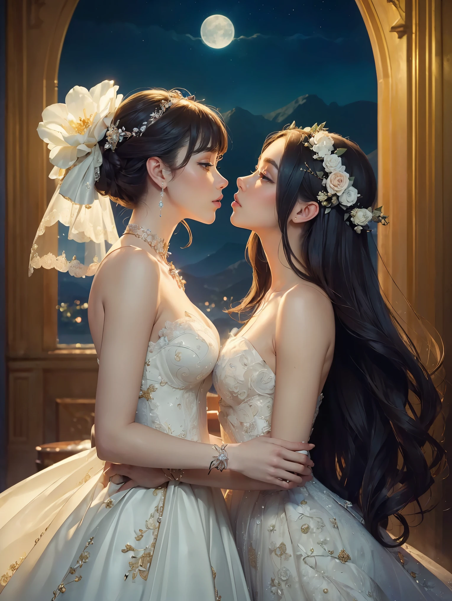 (masterpiece, highest quality, official art, beauty and aesthetic:1.5), perfect anatomy, perfect hands, two stunning bride is deeply in love with each other, kiss, romantic atmosphere, flower and moon, magnificent panorama view