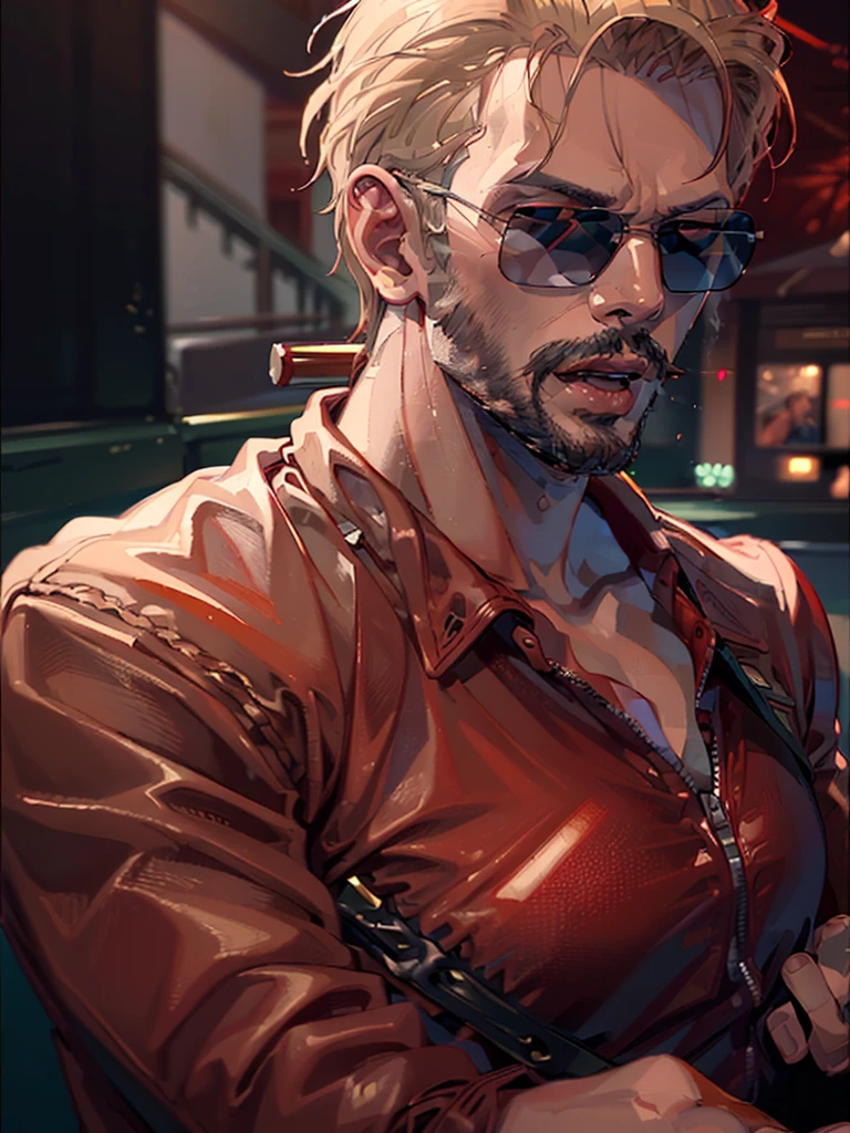 a man wearing a red leather jacket, holding a cigar, with sunglasses, blonde hair, rugged appearance, (best quality,4k,8k,highres,masterpiece:1.2),ultra-detailed,(realistic,photorealistic,photo-realistic:1.37),portrait,fashion,dramatic lighting,chiaroscuro,moody,cinematic