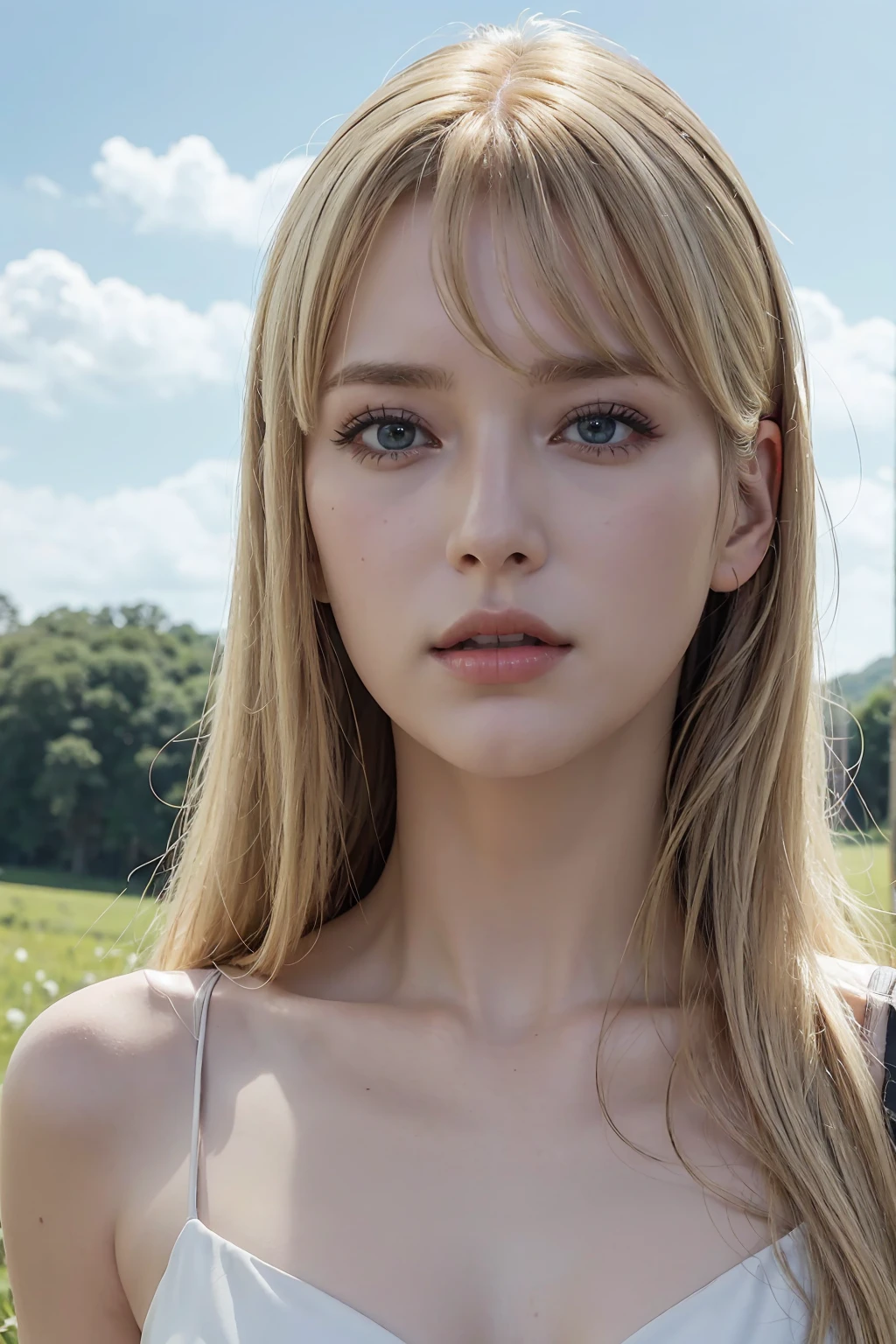 a beautiful blonde woman with long hair and bangs, blue eyes, wearing a white dress, looking at someone with a fearless expression, in a field scene, (best quality,4k,8k,highres,masterpiece:1.2),ultra-detailed,(realistic,photorealistic,photo-realistic:1.37),detailed face, detailed eyes, detailed lips, detailed skin, intricate dress folds, lush field, dramatic lighting, cinematic composition