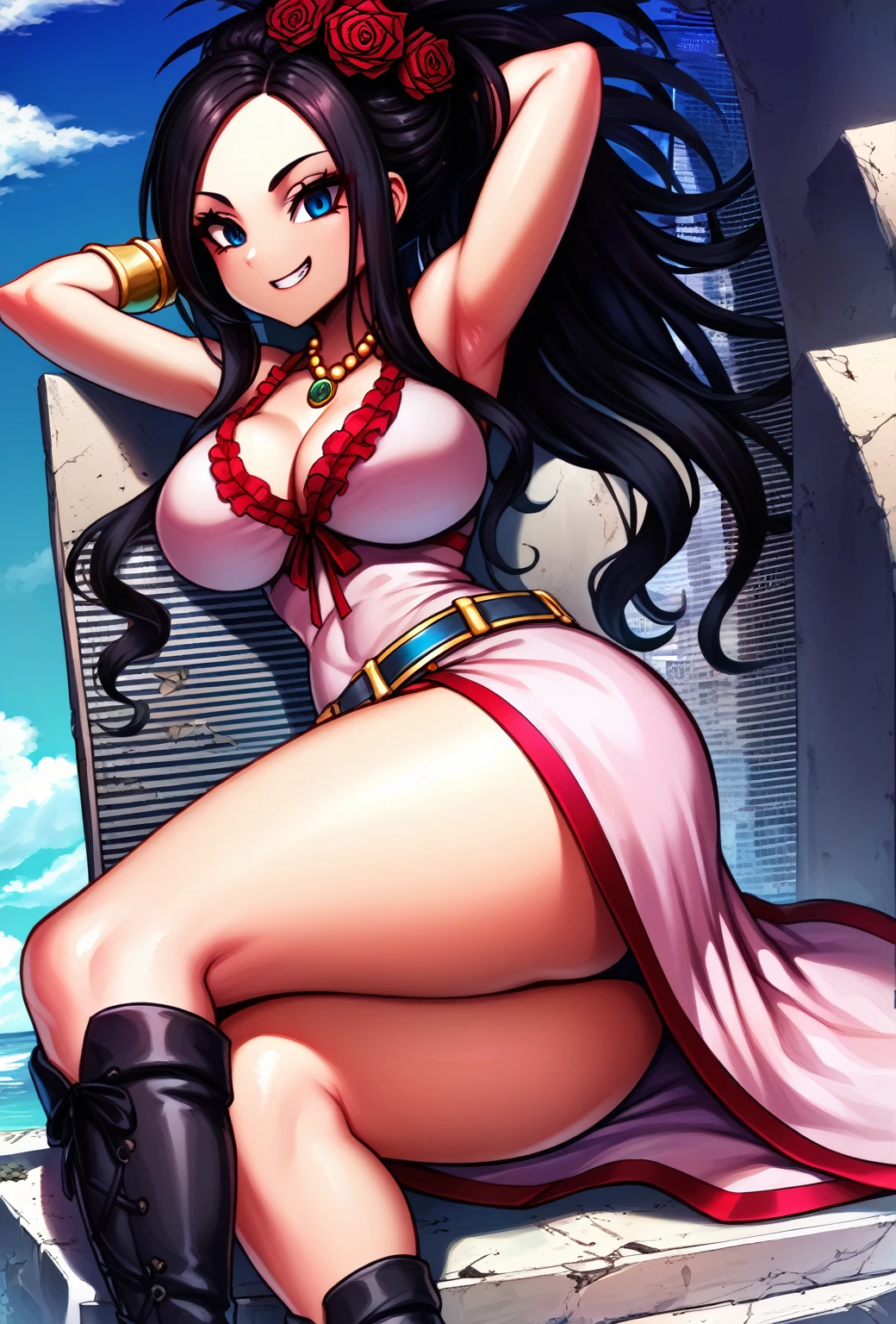 master piece, best quality, extremely detailed CG unity 8k wallpaper, ultra-detailed, detailed face, detailed eyes, 8K, front view, official art, anime style, 

athletic curvy physique, inverted body type, attractive feminine curves,  big breasts, curvy legs and arms, feminine curvy figure, (thick thighs, thick calves, thick voluptuous legs, big curvy hip, bare knees, bare thighs), ((style of plump voluptuous body)), 

black over-the-calf boots,  ((long laced boots feather boa, leaning upper body forward)),
black hair blue eyes, rose flower ornament, 

1 beautiful giant woman, looking down with alluring smile, smirk, (yokozuwari:1.3), sitting on building, sitting on side, leaning to the building, arms up behind head, crossing legs, ruins, looming, teeth, ((lying on side)),

GTS, giantess, jvdaniang, building size, dqdebora, black hair, hair rose, multiple hair flowers, necklace, pink dress, sleeveless, frills, cleavage, belt, bracelet, calf boots

