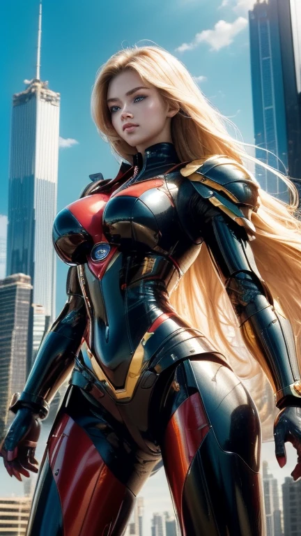 top-quality, realistc 1.5, Superior image quality, Masterpiece artwork, Huge girl ((black mechanical body, bright red body line, bikini armor, 18-years old, older, Better bust, bast grande, Beautiful light blue eyes, long blonde hair, slender and large vouchers, Reflecting the whole body)), high qualiy, beautiful art, Background with ((chee, skyscrapers, helicopter, bolides)) Masterpiece artwork, depth of fields