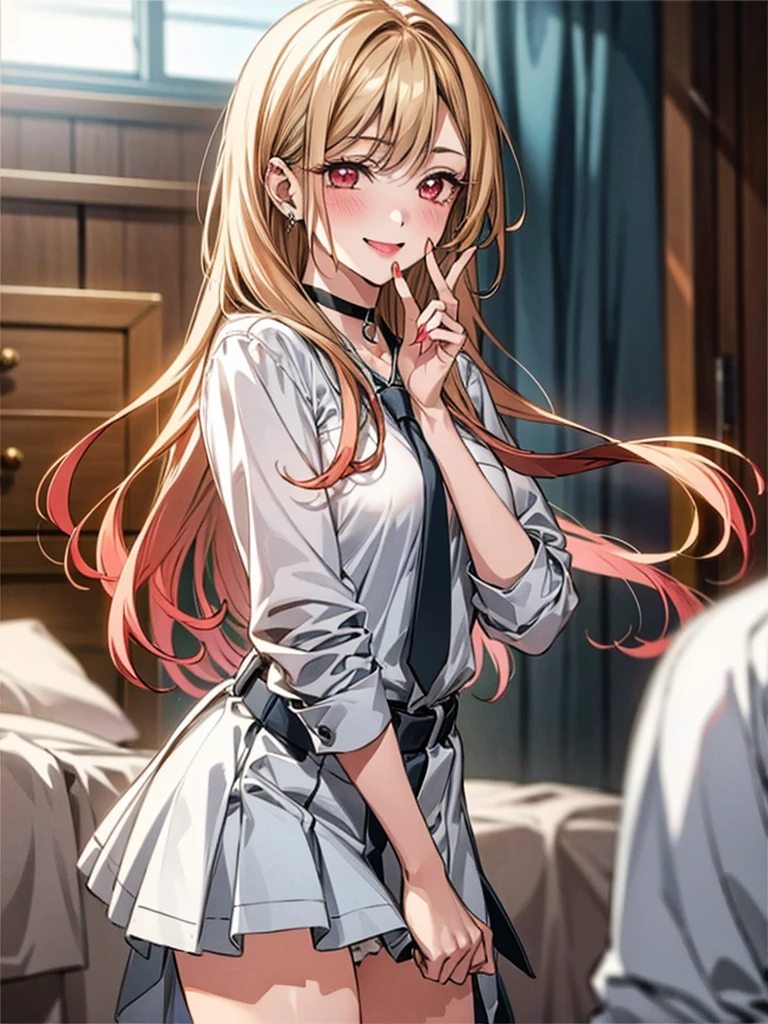 ((Master quality, 8K, masterpiece:1.3, ultra-detailed, high resolution, RAW Photos, detailed , blurry, Actual, ((hyper realistic)), photo, HDR)), BREAK, Anatomically perfect, perfect hands, perfect legs, perfect feet, detailed eyes, BREAK, , kitagawa marin, ((blond long hair, red eyes)) , gyaru, blush, , One girl alone, BREAK, beautiful face, beautiful detailed eyes, , ((( undress ))), , ( Round and Stacked Breasts, ), Cleavage:1.5, , , slim waist, (((, seductive smile ))), Sweat-soaked skin, BREAK, wearing( ,  , school uniform, , white shirt, Navy Blue skirt , jewelry , , ear piercing, earrings, black choker , collared shirt, , nail polish, sparkle, long fingernails, fingernails, , pink nails, , sleeves rolled up, barbell piercing, black necktie, lace bra, , Wet:1.5, ), , BREAK, ( Random Angle, full-body, ), dynamic angle, , background(Realistic , cinematic lighting, depth of field, indoor, herroom, bed, Contemporary style hobby room, many anime posters, A flirty atmosphere, , , light particles)