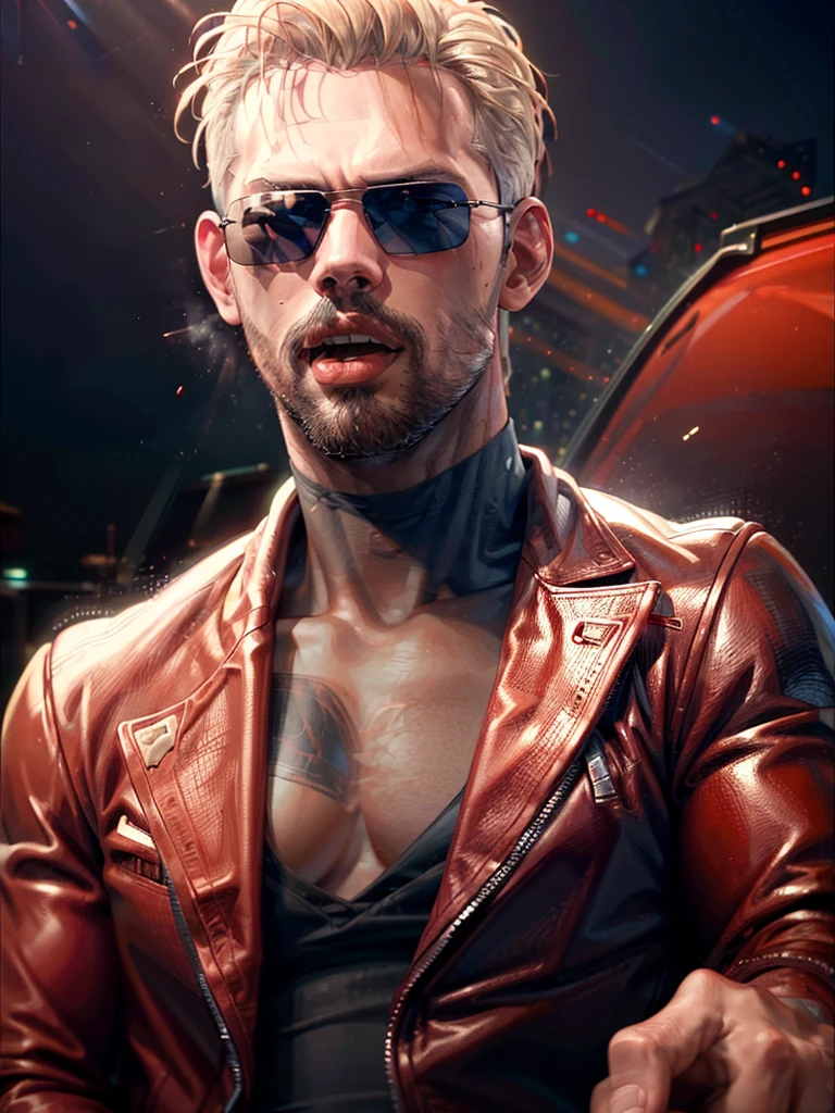 a man wearing a red leather jacket, holding a cigar, with sunglasses, blonde hair, rugged appearance man, (best quality,4k,8k,highres,masterpiece:1.2),ultra-detailed,(realistic,photorealistic,photo-realistic:1.37),portrait,fashion,dramatic lighting,chiaroscuro,moody,cinematic