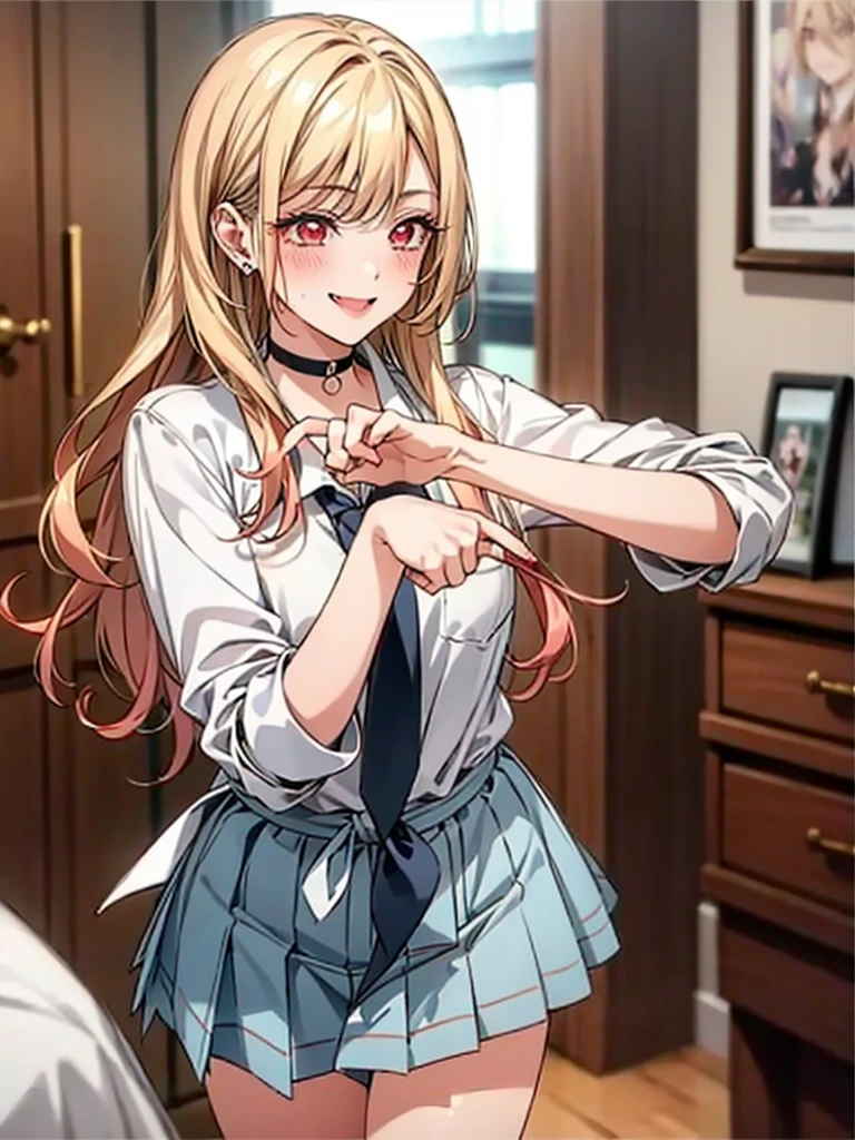 ((Master quality, 8K, masterpiece:1.3, ultra-detailed, high resolution, RAW Photos, detailed , blurry, Actual, ((hyper realistic)), photo, HDR)), BREAK, Anatomically perfect, perfect hands, perfect legs, perfect feet, detailed eyes, BREAK, , kitagawa marin, ((blond long hair, red eyes)) , gyaru, blush, , One girl alone, BREAK, beautiful face, beautiful detailed eyes, , ((( undressing ))), , ( Round and Stacked Breasts, ), Cleavage:1.5, , , slim waist, (((, seductive smile ))), Sweat-soaked skin, BREAK, wearing( ,  , school uniform, , white shirt, Navy Blue skirt , jewelry , , ear piercing, earrings, black choker , collared shirt, , nail polish, sparkle, long fingernails, fingernails, , pink nails, , sleeves rolled up, barbell piercing, black necktie, lace bra, , Wet:1.5, ), , BREAK, ( Random Angle, full-body, ), dynamic angle, , background(Realistic , cinematic lighting, depth of field, indoor, herroom, bed, Contemporary style hobby room, many anime posters, A flirty atmosphere, , , light particles)