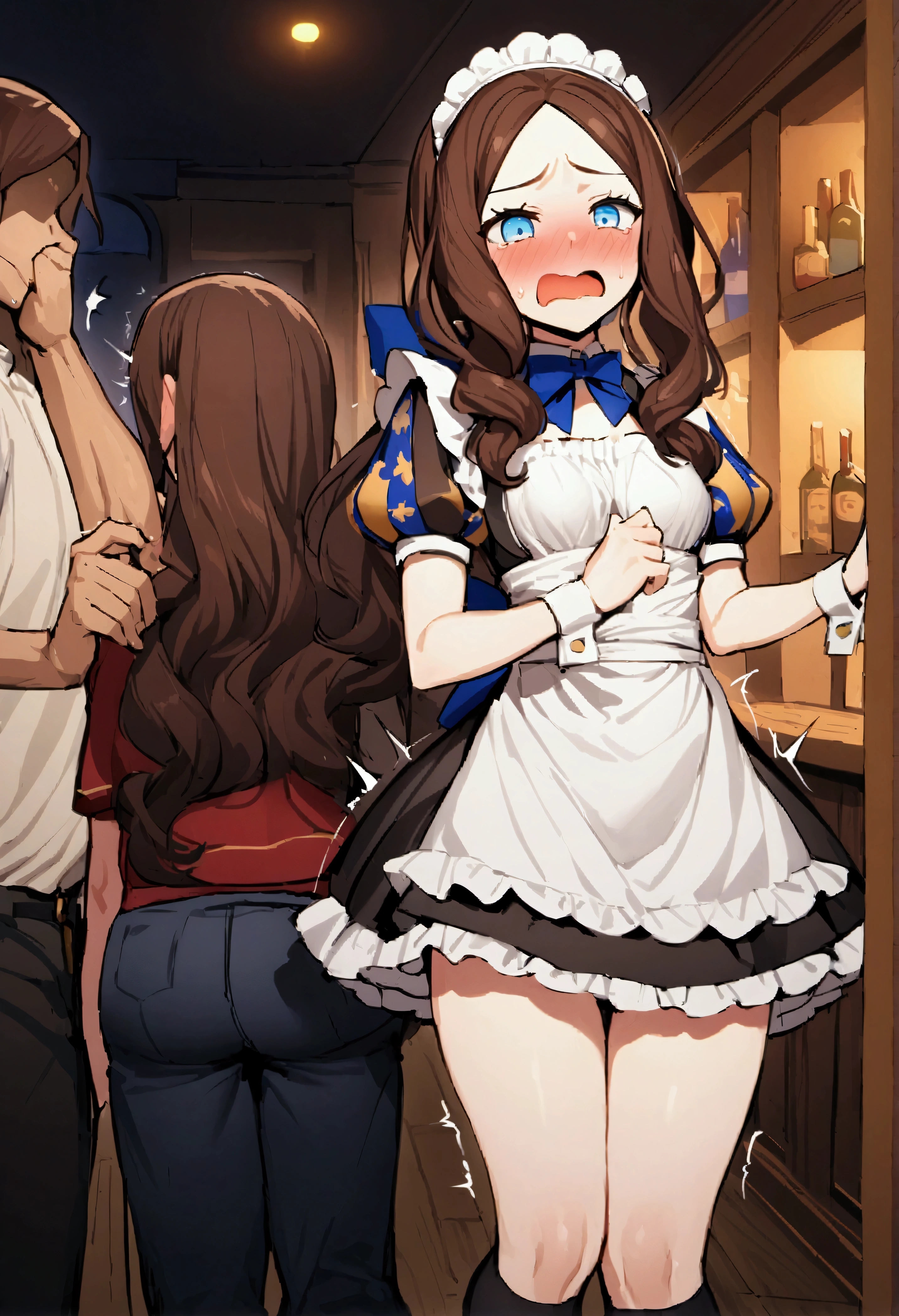 NSFW,masterpiece,Highest quality,High resolution,Very detailed,Leonardo da Vinci\(Fate/grandorder\),blue eyes,Long Hair,Brown Hair,Side Lock,Low Ponytail,ribbon,Short sleeve,Wrist cuff,maid,apron,Headdress, Black knee socks,Small breasts,Embarrassed,Nightlife,pub,(sexual harassment),(Being molested),(I feel),Trembling,(Body touch)