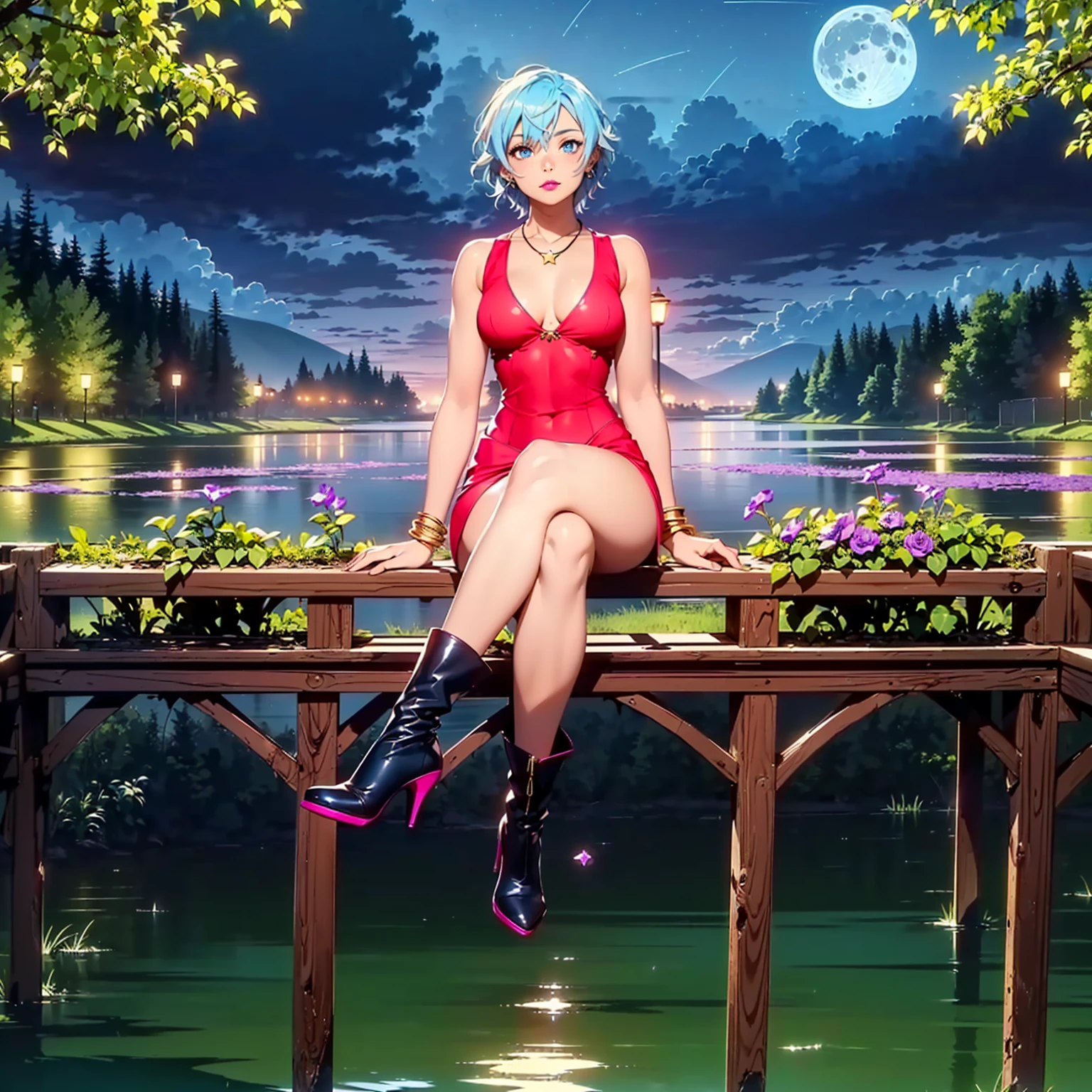 ((1girl, solo ,alone)), ((solo, 1woman, (pink lipstick, ( sinon1, light blue hair, short hair, light blue eyes, small bust ), woman, lipstick), Extremely detailed, ambient soft lighting, 4k, perfect eyes, a perfect face, perfect lighting, a 1girl)), ((solo, (1woman, lipstick), Extremely detailed, ambient soft lighting, 4k, perfect eyes, a perfect face, perfect lighting, a 1girl)), , ((fitness, , shapely body, athletic body, toned body)) , (( red dress, high heels, high heel boots, fine jewelry, gold bracelets, pier, river, forest, full moon, flowers, Victoria Regia, panoramic view, viewpoint, sitting, legs crossed, small bust, clouds, amethyst necklace, stars, milky way, shooting star))