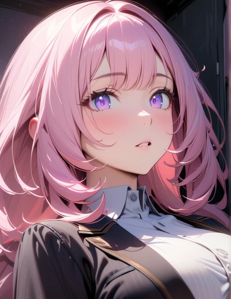 masterpiece, top quality, Super details, 8K, Detail lights, Detailed shadows, (real: 1.2),, 1 girl, wearing white shirts and black blazer, purple eyes, moderate breast, elysia, portrait , pink hair,
Parted Lips, POV, Masterpiece, Anatomically Correct