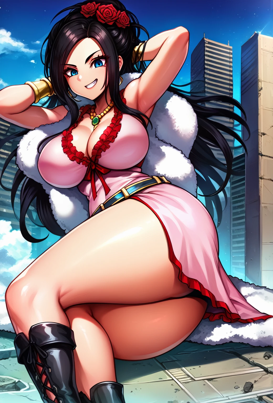 master piece, best quality, extremely detailed CG unity 8k wallpaper, ultra-detailed, detailed face, detailed eyes, 8K, front view, official art, anime style, 

athletic curvy physique, inverted body type, attractive feminine curves,  big breasts, curvy legs and arms, feminine curvy figure, (thick thighs, thick calves, thick voluptuous legs, big curvy hip, bare knees, bare thighs), ((style of plump voluptuous body)), 

black over-the-calf boots,  ((long laced boots feather boa, leaning upper body forward)),
black hair blue eyes, rose flower ornament, 

1 beautiful giant woman, looking down with alluring smile, smirk, (yokozuwari:1.3), sitting on building, sitting on side, leaning to the building, arms up behind head, crossing legs, ruins, looming, teeth, ((lying on side)),

GTS, giantess, jvdaniang, building size, dqdebora, black hair, hair rose, multiple hair flowers, necklace, pink dress, sleeveless, frills, cleavage, belt, bracelet, lace boots, 

