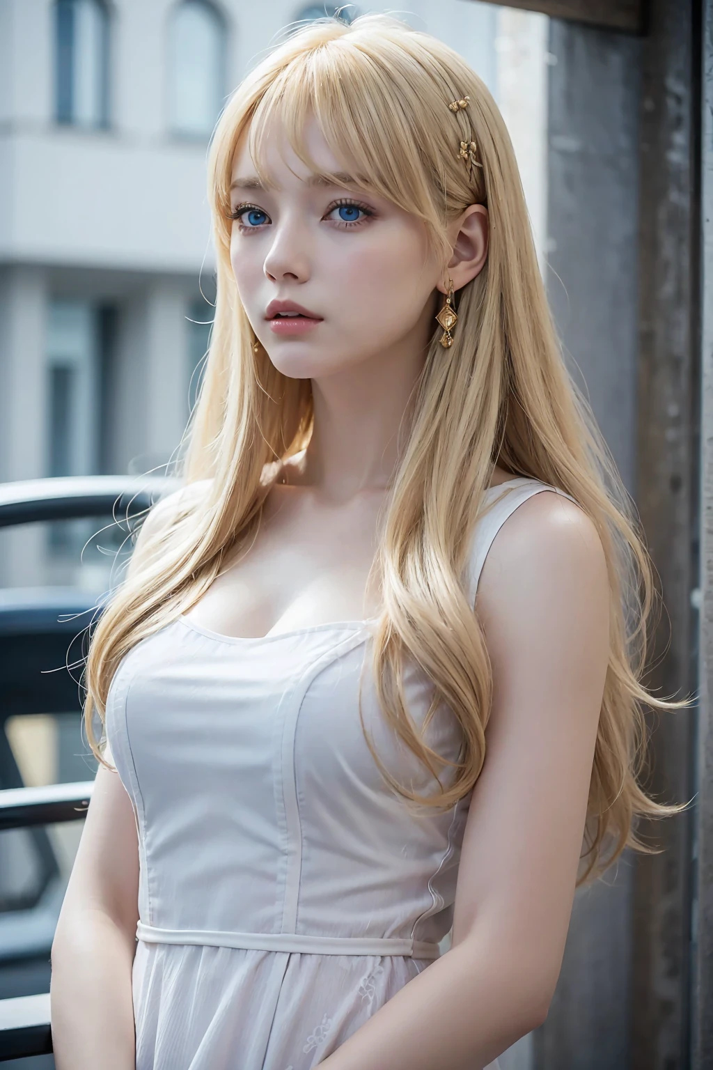 Blonde woman with long hair and bangs, blue eyes, white dress with golden details, looking at someone, fearless look, dark scenery