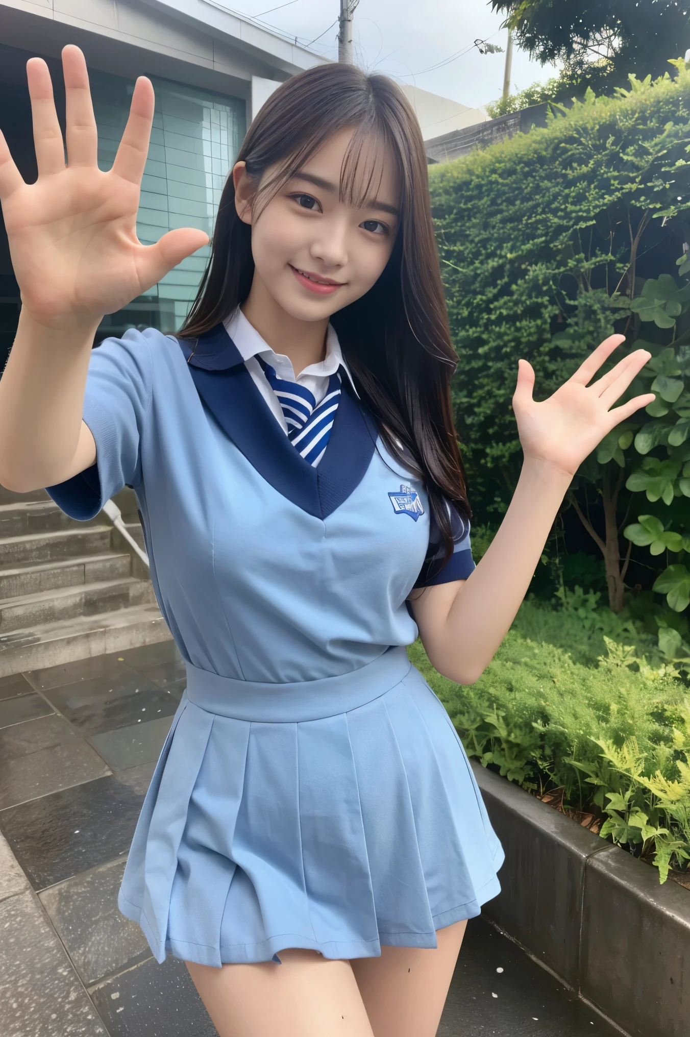 A 16-year-old high school student as cute as an idol、高校の制服はCleavageが見えるデザイン、Cleavage、mini skirt、Crouching、I can see your pants、Young cute face、Smiling Kindly、whole body、RAW Photos、Genuine、Real、realism、Raw photo、High resolution、Life、No copyright notice