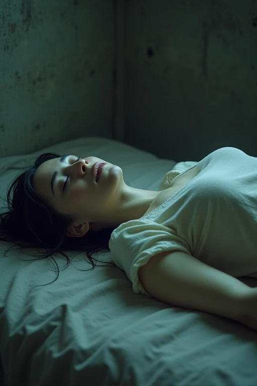 top angle shoot from above, full body cute japanese woman lying in the floor, wavy long brown hair, wearing all unbutton white oversize shirt, lying on the floor, dark interior theme room dramatic shadow & light
