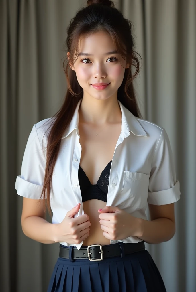 ((Ponytail girl in white panties, white Y-shirt and plaid bow tie)),,A little smile,((Girl without Y-shirt)),Two people standing,By the window of a high-rise building