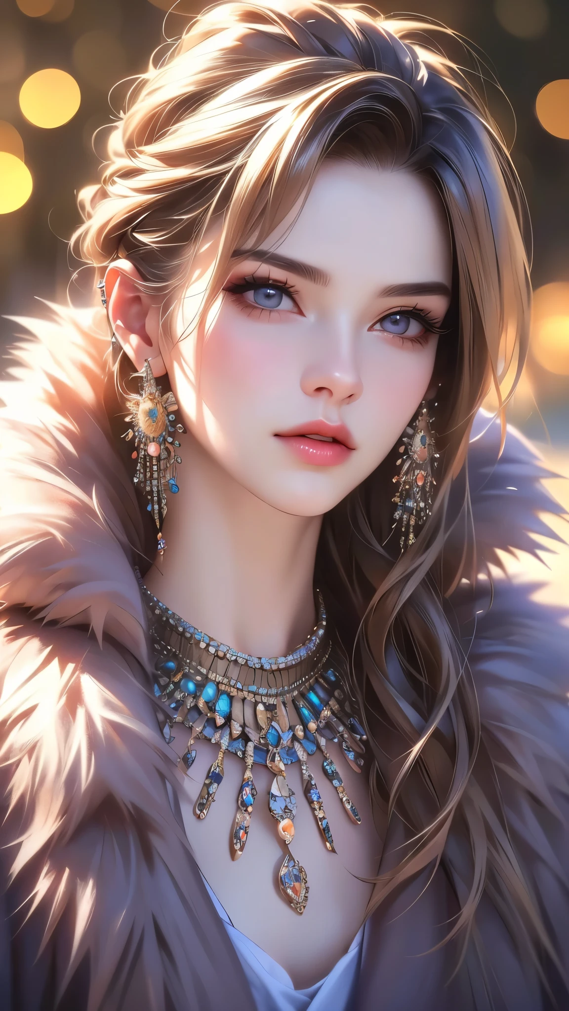 1girl, beautiful detailed eyes, beautiful detailed lips, extremely detailed face, long eyelashes, fur-trimmed jacket, fur collar, fur coat, fur-trimmed coat, fur cape, fur scarf, fur, pearl necklace, earrings, necklace, pendant, nose piercing, ear piercing, looking at viewer, realistic, solo, (best quality,4k,8k,highres,masterpiece:1.2),ultra-detailed,(realistic,photorealistic,photo-realistic:1.37),HDR,UHD,studio lighting,ultra-fine painting,sharp focus,physically-based rendering,extreme detail description,professional,vivid colors,bokeh,portrait