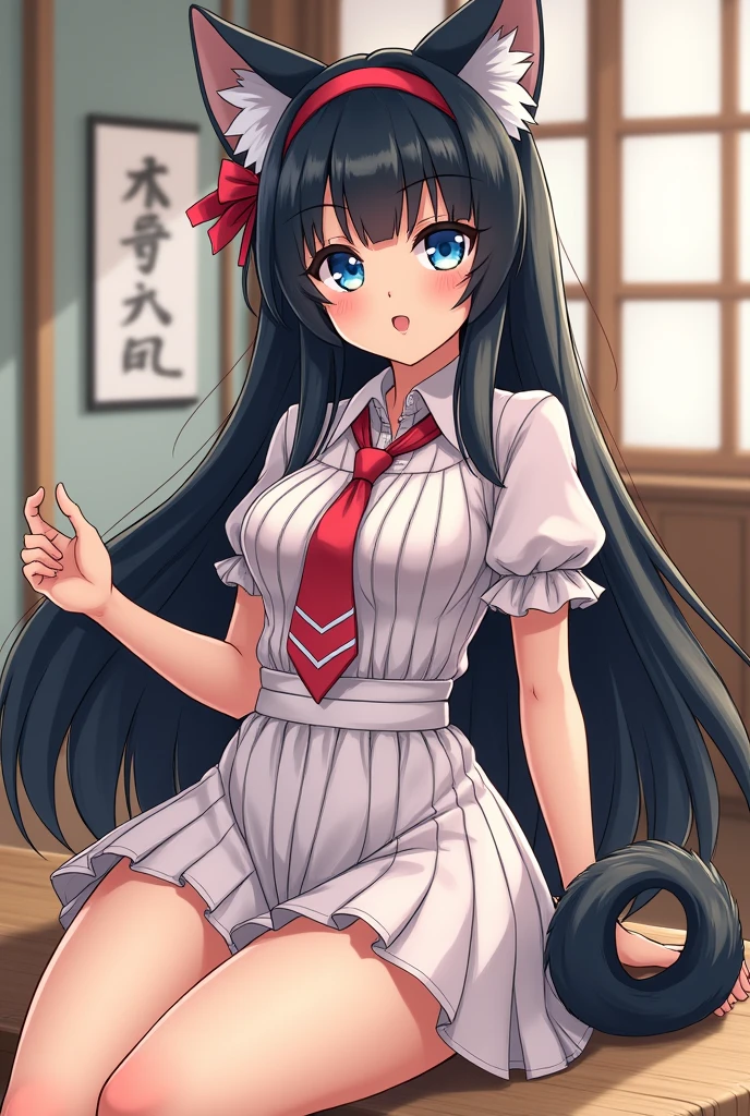 gym storeroom, Koneko Toujou (DXD), 1girl, white cat ears, (classic uniform), white cat tail, school hallway, red skirt, small breasts, black ribbon,, masterpiece, best quality, highly detailed