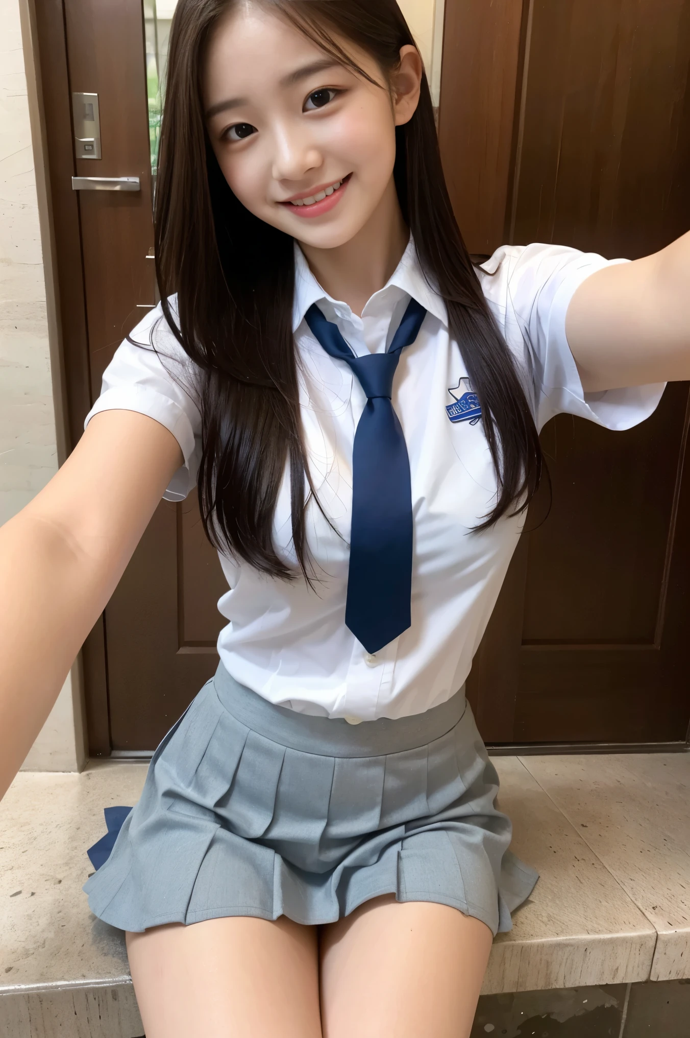 1girl,23yo.strawberry print panties ,.classroom brown eyes, brown hair, cardigan, female pubic hair, full body, gyaru, hair ribbon, lips, loafers, long hair, looking at viewer, panties, plaid, plaid skirt, realistic, red ribbon, , shirt, short sleeves, simple background, sitting, skirt, skirt lift, smile, solo, spls, standing, striped, white neckerchief, white shirt.