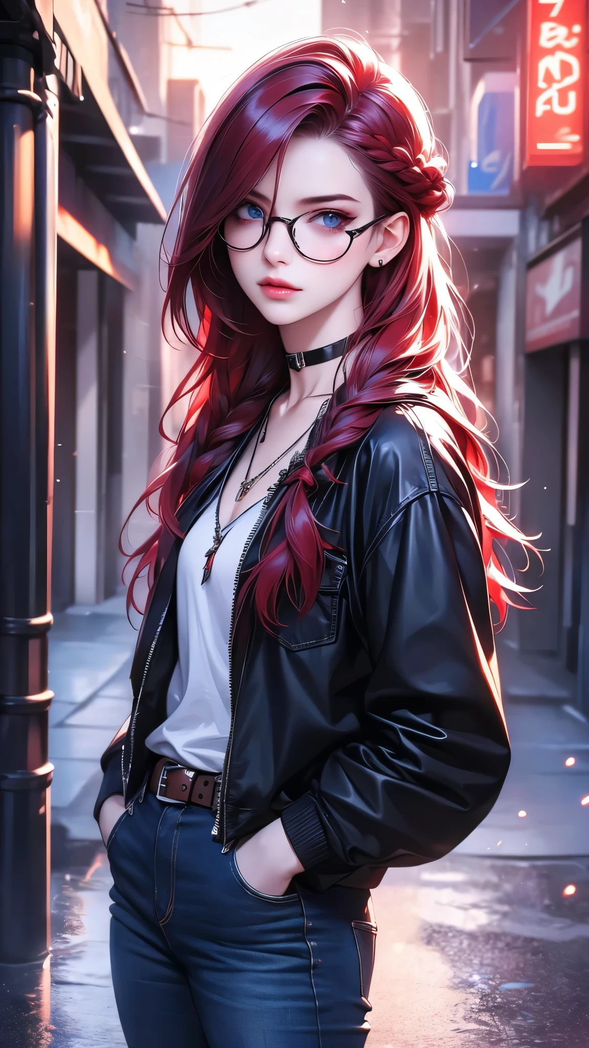 Video game art style black graphics cell shading, neon UHD rendering, cold shades, white cold background, belt, jeans, hands in pockets, 1girl, solo, glasses, long hair, choker, necklace, pendant, parted lips, braid, lips,  blue with red hair, looking at viewer, round eyewear, extremely detailed eyes and face, beautiful detailed eyes, beautiful detailed lips, longeyelashes, realistic, photorealistic, photo-realistic:1.37, depth of field, blurry background, (best quality,4k  ,8k,highres,masterpiece:1.2),ultra-detailed,(realistic,photorealistic,photo-realistic:1.37)