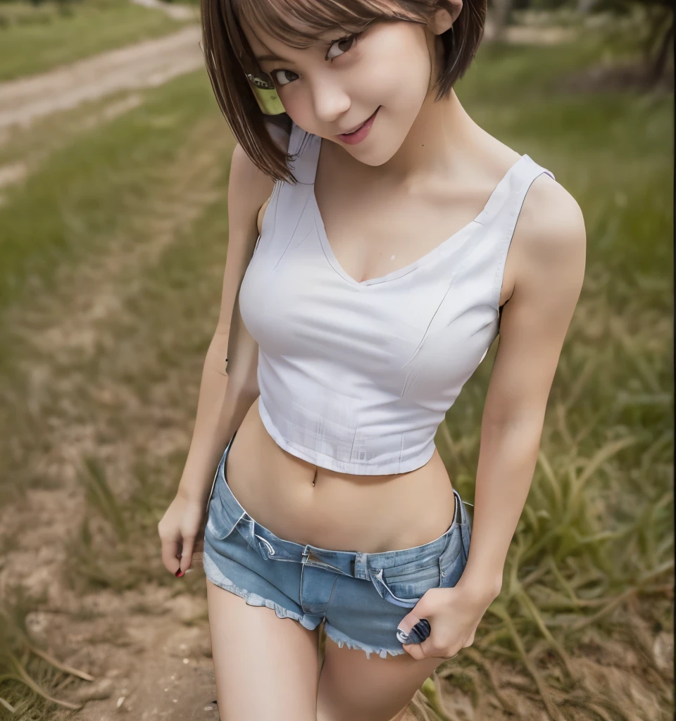 Highest quality、Ultra-high resolution、masterpiece、、Clear photos、(Very cute girl、beautiful girl、The cutest Yoda Yuki)、、Small face、smile、((Full body photo:1.6))、thin、(Very short hair:1.6)、(Low-rise denim shorts:1.6、Unbutton:1.2、Please pull down your denim shorts:1.6)、((Show off the lower abdomen:1.4))、 (Wearing a white tank top、Show under bust:1.4)、grassland、Vivid depiction