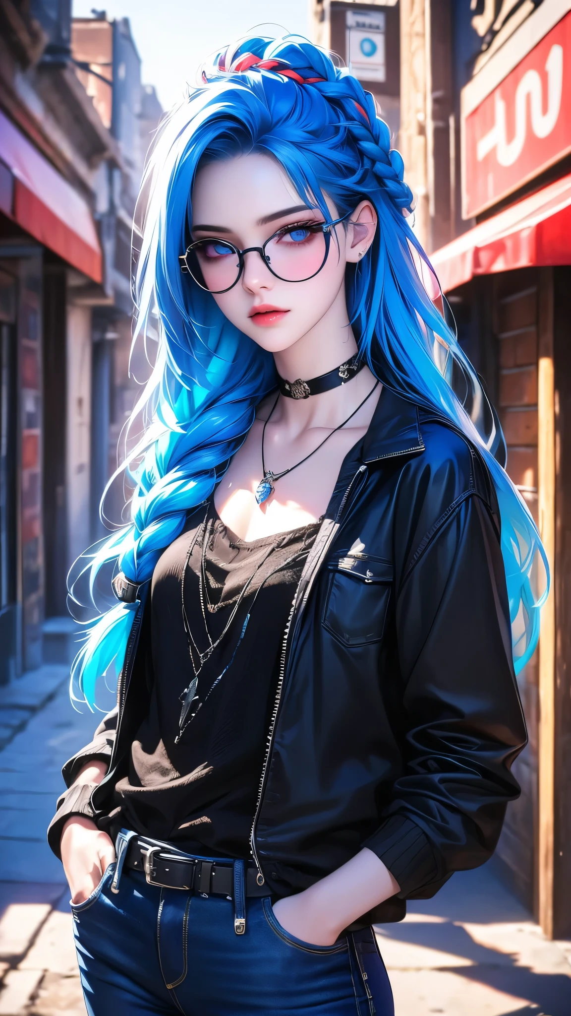 1girl, black graphics, cell shading, neon UHD rendering, cold shades, white cold background, belt, jeans, hands in pockets, glasses, long hair, choker, necklace, pendant, parted lips, braid, blue hair with red highlights, looking at viewer, round eyewear, extremely detailed eyes and face, beautiful detailed eyes, beautiful detailed lips, long eyelashes, realistic, photorealistic, photo-realistic:1.37, depth of field, blurry background, (best quality,4k,8k,highres,masterpiece:1.2),ultra-detailed,(realistic,photorealistic,photo-realistic:1.37)