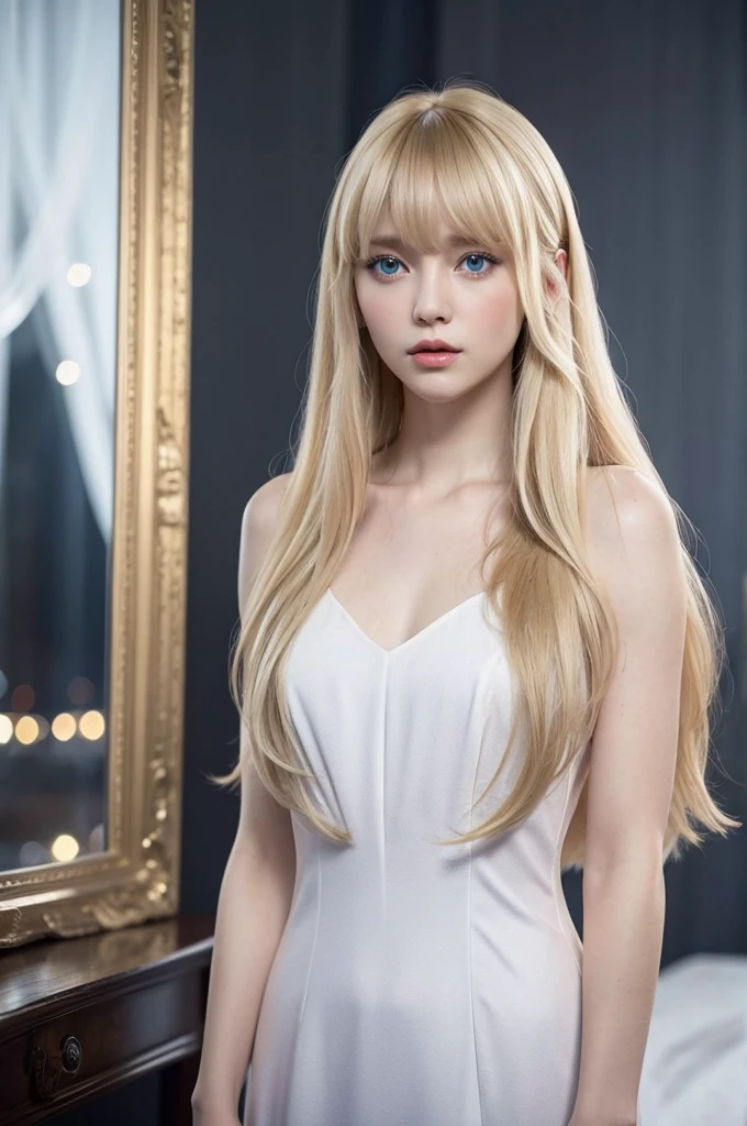 Blonde woman with long hair and bangs, blue eyes, white dress with golden details, looking at someone, fearless look, dark scenery