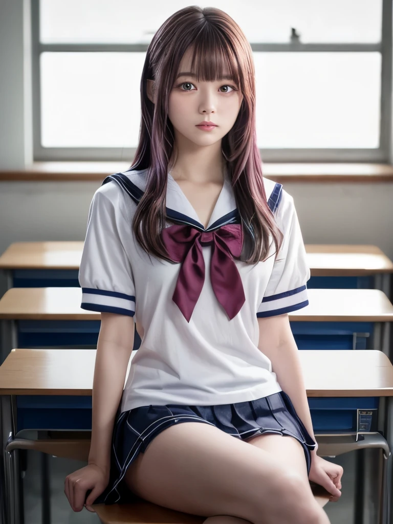 A young woman, 1, with long purple hair, wearing a sailor uniform, sitting in a classroom (School 1.5 in the background) (Serious expression, Hot Short Sleeve: 1.5) (Soft skin texture,Soft and attractive lips,Shining, mysterious eyes that store light: 1.2) (Highest quality: 1.1) (masterpiece: 1.3) with an unparalleled masterpiece, Surreal 8K, Physically Based Octane Rendering, Perfect artwork, Super Detail, Highest quality, masterpiece 8K RAW 写真, masterpiece, Award-winning works, Official Art, Cinema Lighting