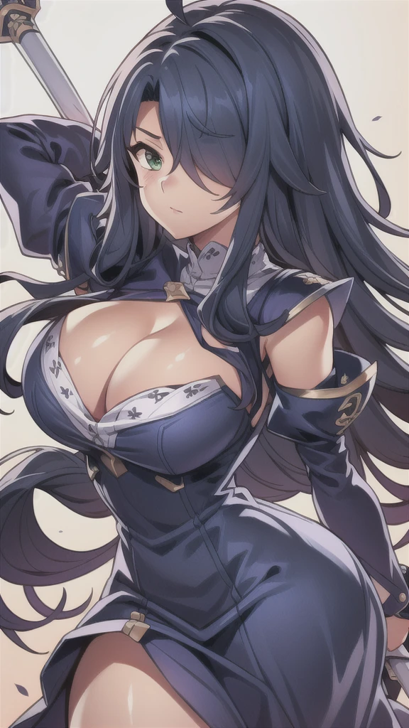 masterpiece,best quality,kim_kwang_hyun, 1girl, azuma,large Long  hair, indigo colored hair, Bangs (((hair over one eye ))), ahoge, plumpy, solo, indigo colored  hair, large huge breasts, looking at viewer, blue-green eyes, indigo colored hair, Bangs (((hair over one eye ))), big bosom, large huge breasts, long sleeves, dress, cleavage, closed mouth, weapon ((large spiked-club)), puffy sleeves, arm up, clothing cutout, copyright name, purple dress, cleavage cutout, juliet sleeves , power armor, shoulder armor, large long hair, hair over one eye indigo colored hair, blue-green eyes, ahoge