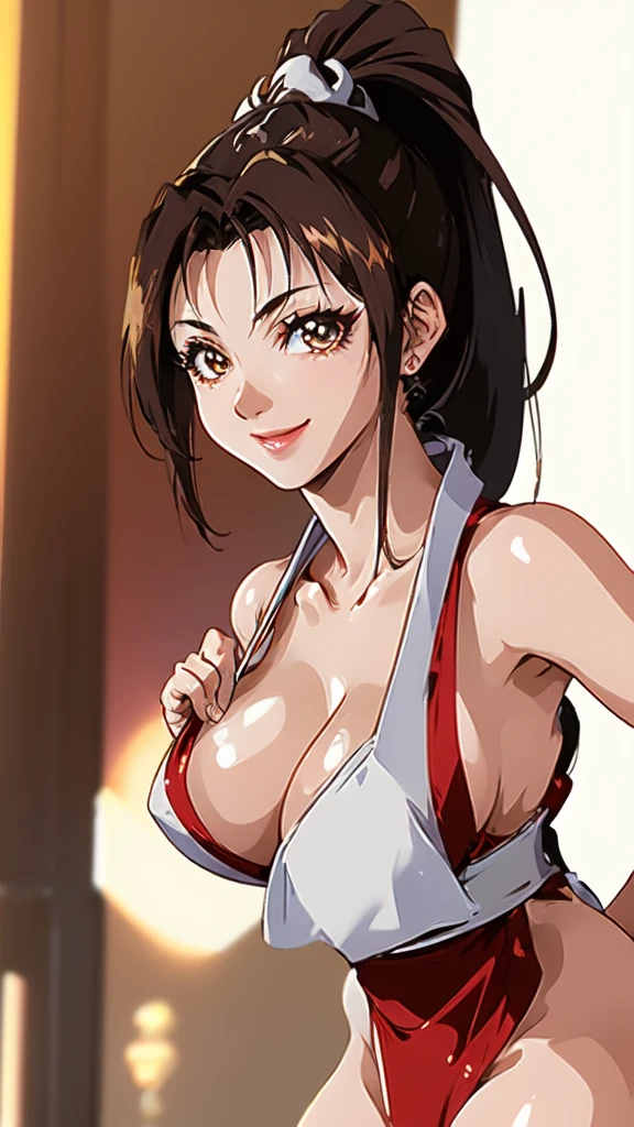 ((Upper Body、Mai Shiranui,ponytail,Background is a Japanese-style room in a Japanese house:1.3)),upper body, Looking at the audience,Slim and sexy figure, the best quality, (8k), (4K),(masterpiece), (the best quality), Extremely detailed, Game CG, Ultra Detailed, illustration, Beautiful Body,Beautiful nose,fair character design, Perfect Eye, Perfect Face , 1 girl, 30 years,Fair Finger,Fair body, Fair Nose,Fair character design, perfect Eye, perfect Face,expressive Eye,Perfect balance,(Focus on her Face),(Light_Smile:0.3), official art,Extremely detailed CG Unity 8K wallpaper, Perfect lighting,rich and colourful, bright_front_Face_Lighting,White skin, (masterpiece:1.0),(the best_quality:1.0), Ultra-high resolution,4K,Ultra Detailed, photography, 8k, HDR, high resolution, Kodak Portrait 400, Film Grain, Blurred background, bokeh:1.2,Professional photographer, (Fair,Big goals_Chest:1.4), underwear,lace, underwear, lingerie、(((smile,pretty face:1.3)))