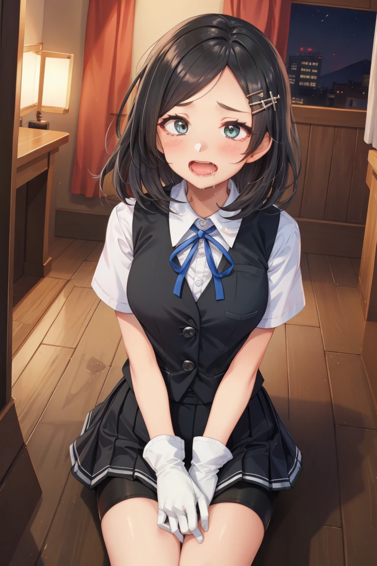 1 boy, fellatio, penis, fellatio, ((cum)), elementary school student, long hair, bangs, hairband, M-shaped spread legs, show off pussy, open clothes, side angle, classroom, (cum facial:1.6), black hair, tareme, big eyes