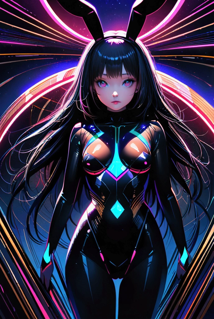((Create MaxZenArt!))_((One, 1 girl, tattoos, glowing tattoos, shiny, white-fluffy 13+), (skulls, flowers), (black transparent clothes-dress)), (sexy, erotic)) _((Delicate scarlet lips), (straight black hair - long, highlights, blue, cascading), (multi-colored shiny hair), (cool shine, wet straight hair))_((Stylization; clear line, clear outline, high-quality linear drawing, shading))_((Simple color palettes), (color fill, color richness, saturation, harmony, balance), (rich pastel colors, pure colors), (cyberpunk))_((Sexy, erotic), (simple, minimum accessories), (necklaces and thin rings made of silver or gold), (simple bracelets, unusual designs, simple silhouettes), (erotic style))_((Background),(abstract minimalism), (stunning cybernetic flowers), ( lilies, extremely unusual, long stems - large stems, skulls, flowers)).
