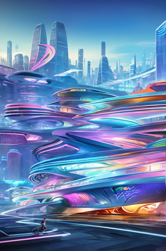 long way home a concept painting: air brushed digital graffics layered wrapped in hydrofoil finish in vivid colors and pastels, a scene of futuristic dystopia style city,