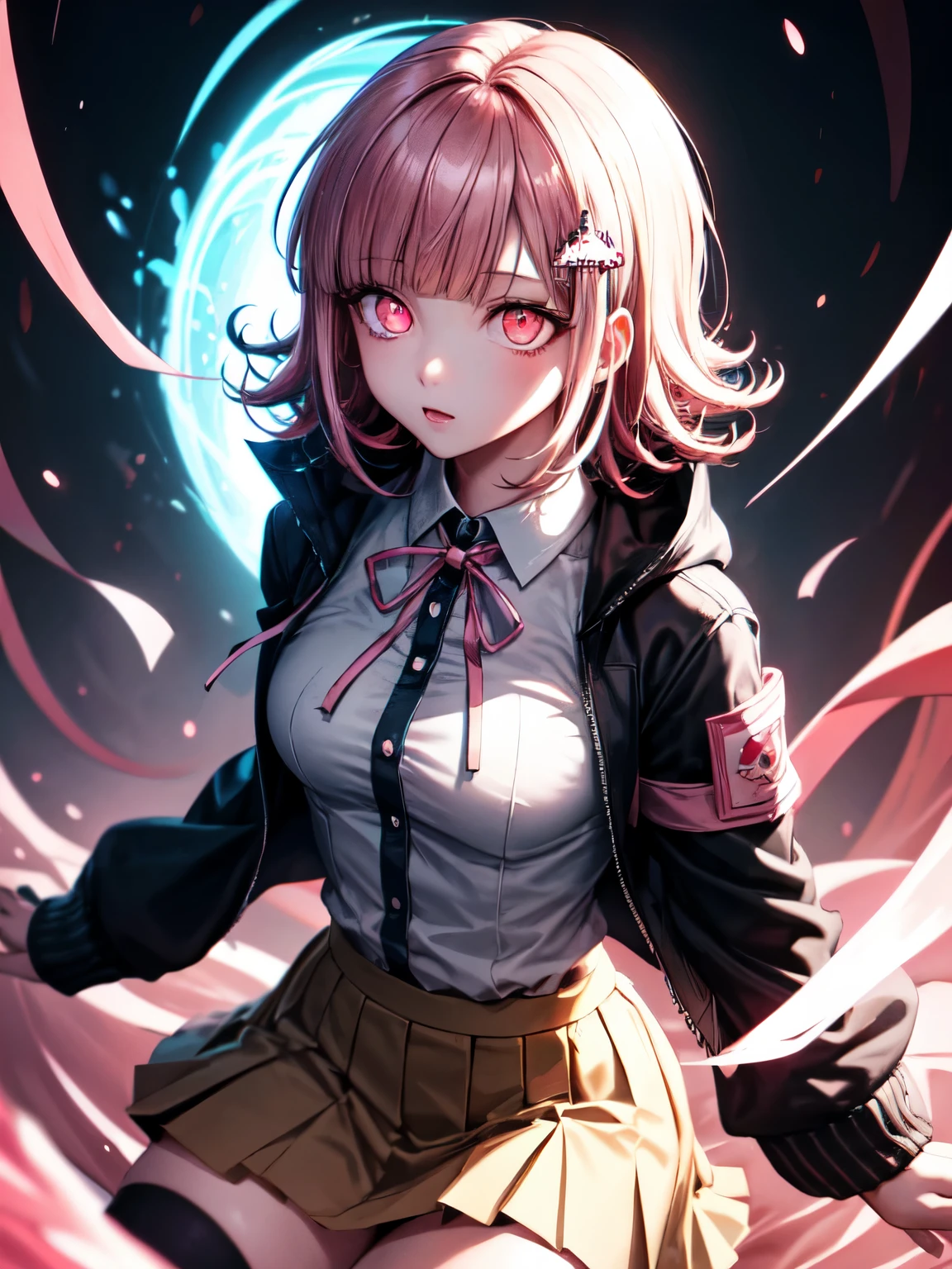 1girl, solo,chiaki nanami, blunt bangs, pink hair, hair ornament, medium hair, (glowing eyes:1.5), black shirt, black jacket, jacket, long sleeves, neck ribbon, open clothes, open jacket, over-kneehighs, pink ribbon, pleated skirt, ribbon, shirt, skirt, thighhighs, two-tone shirt, white shirt, unity 8k wallpaper, (illustration:1.5), (beautiful detailed eyes:1.4), perfect lighting, extremely detailed CG, (perfect hands, perfect anatomy), (masterpiece:1.2),  