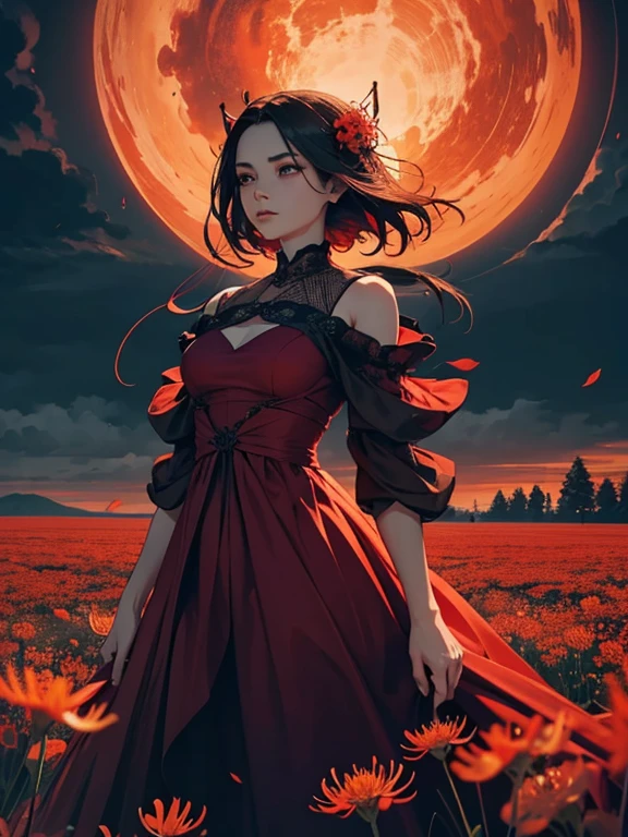 In the heart of a vast field of blooming red spider lilies (higanbana), a woman stands alone, her figure striking against the sea of vivid flowers. She wears a flowing, deep crimson dress that matches the brilliant red of the blossoms surrounding her. The delicate petals of the higanbana, known for their eerie beauty, sway gently in the soft breeze, creating a surreal and hauntingly beautiful atmosphere.

The woman's dress billows slightly in the wind, its rich fabric cascading like liquid fire down her frame, blending seamlessly with the sea of red flowers. Her posture is calm, almost regal, as she gazes ahead with an air of quiet intensity, her silhouette framed by the stark contrast of the vivid blooms and the overcast sky above.

The field stretches endlessly in all directions, a haunting landscape of scarlet, with the woman standing as a striking focal point in the center. The scene exudes a sense of melancholy and beauty, as if the woman and the flowers are intertwined in a moment frozen in time, each enhancing the other's vibrant, otherworldly presence.