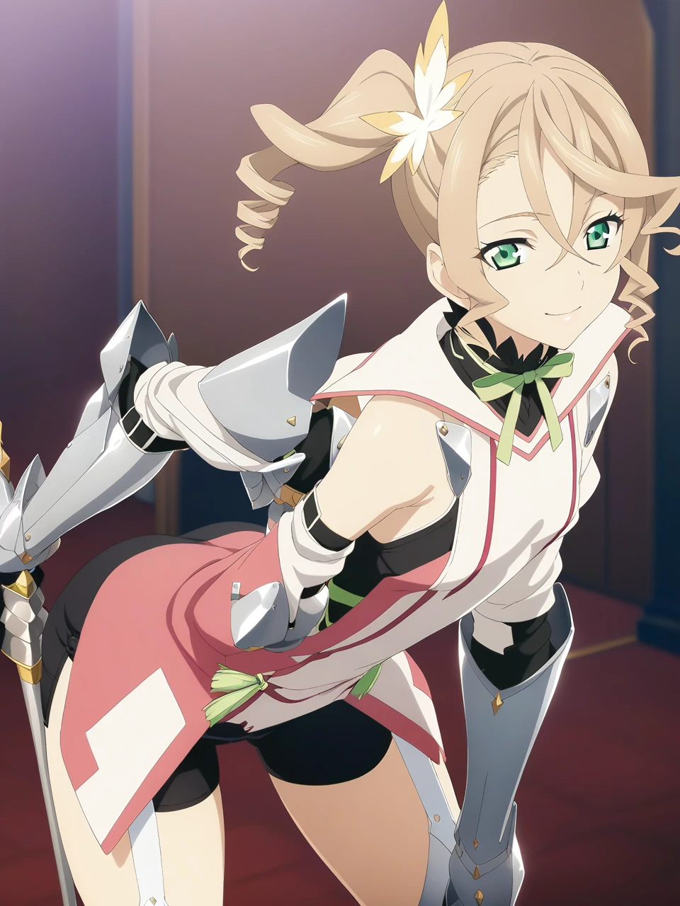 NSFW:1.5,(from back),adarmor, Blonde, Side Ponytail, Green Eyes, armor, Neck ribbon, Black shorts, Garter Straps, Gauntlet, gloves, Greaves,(1girl), chest wall, Game CG, Anime screenshots, Official Art, masterpiece, Highest quality,seductive smile,small breasts,stand,(leaning forward:1.3),(Stick your ass out),(((grabbing another's ass))),(POV hands)