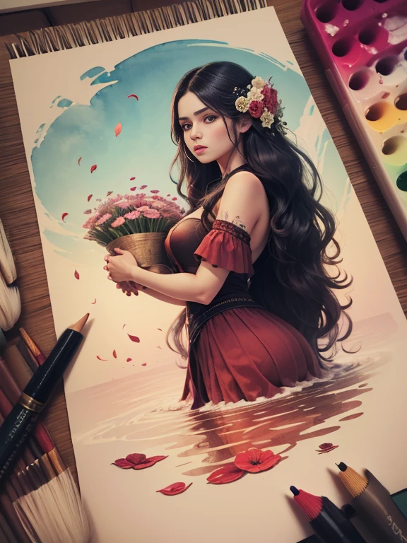 tide game,luxury, hair divided into colors, Tuuli, flying petals, vitralai, ornamental, details Intricate, dufkova, 2d, arte linear, water colour, ink water colour, random color hair, Super long hair, wavy, 1 girl,Mandrake,flowers, Mandrake,  