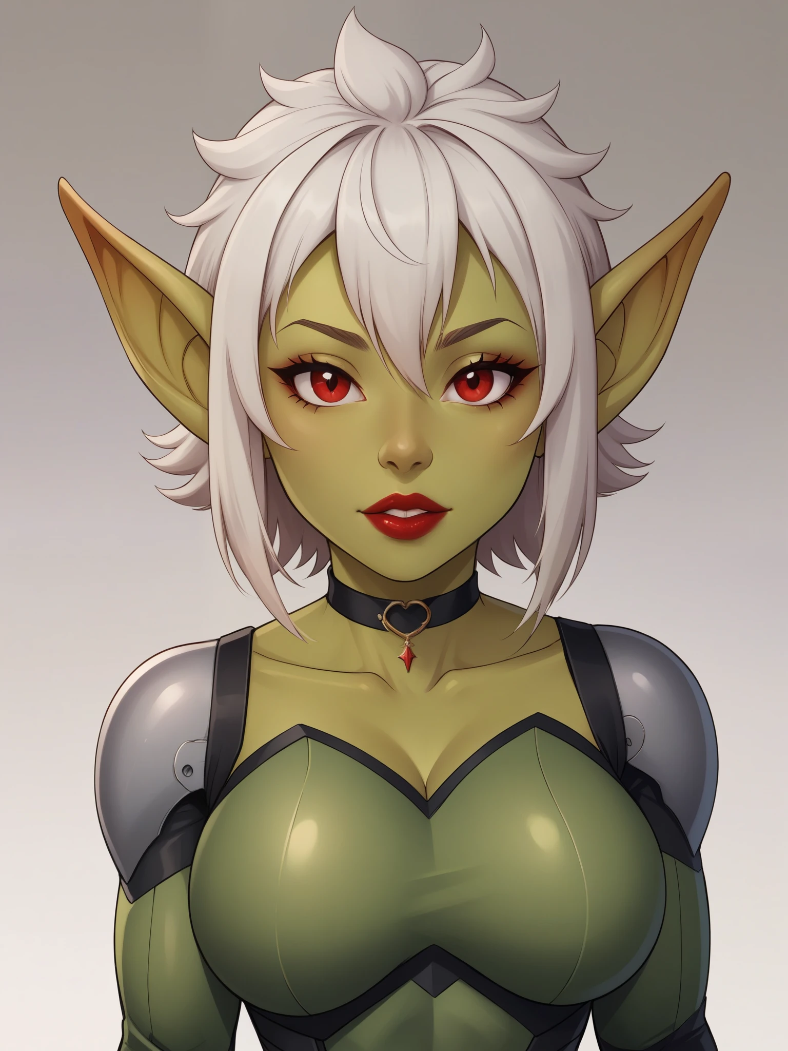 Goblin girl. red eyes. dark green skin. very short hairstyle. choker. red lips. iron suit