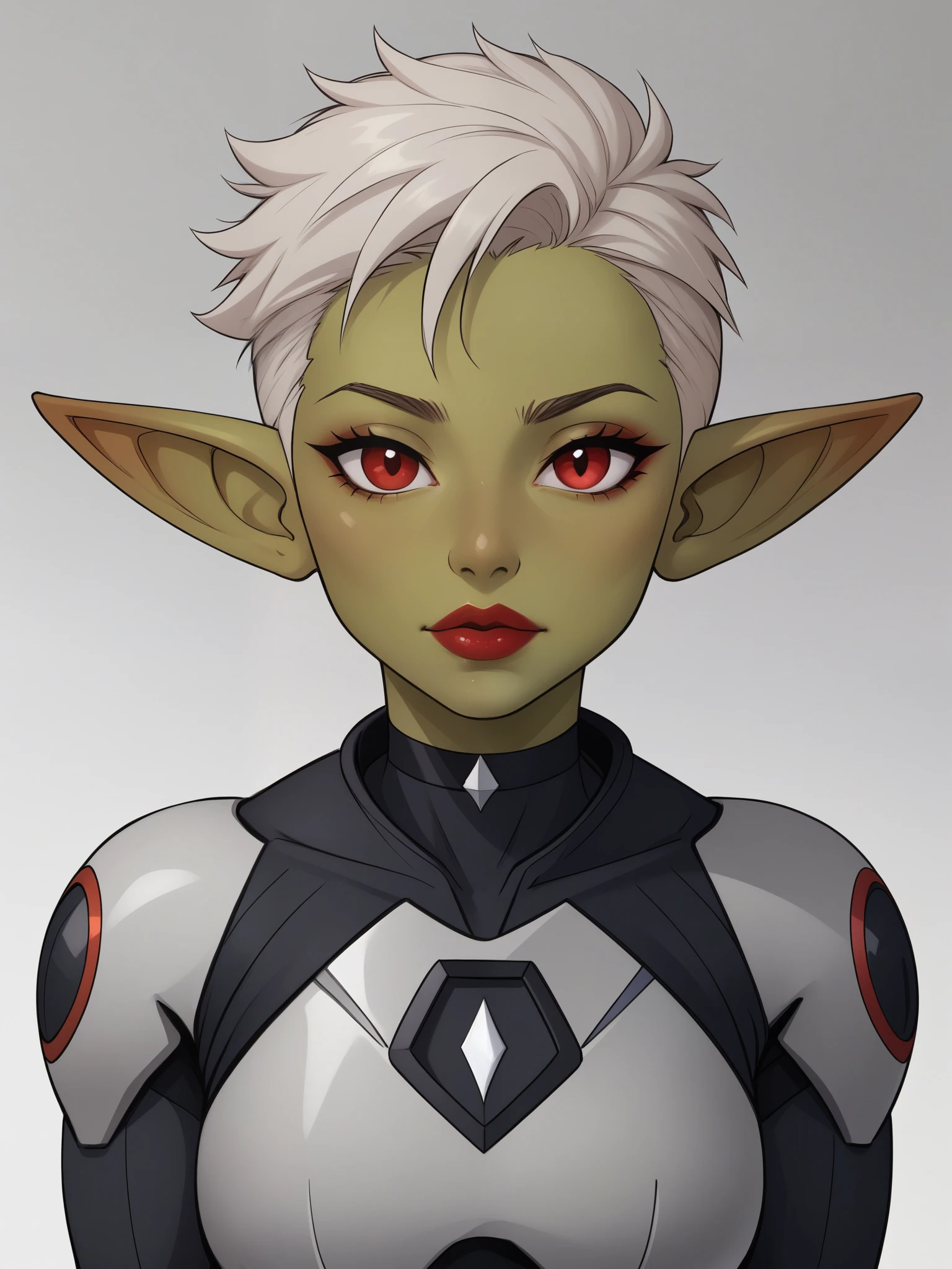 Goblin girl. red eyes. dark green skin. very short hairstyle. choker. red lips. iron suit