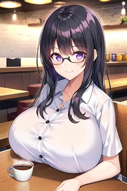 (One girl), (Black Hair:1.1), (Purple eyes), (goodiis), (Glasses), (Huge breasts), (Breast Press), (smile), (:is), (Intricate iris detail), (White shirt), (View your viewers), (coffee shop), (table), (good:0.8)