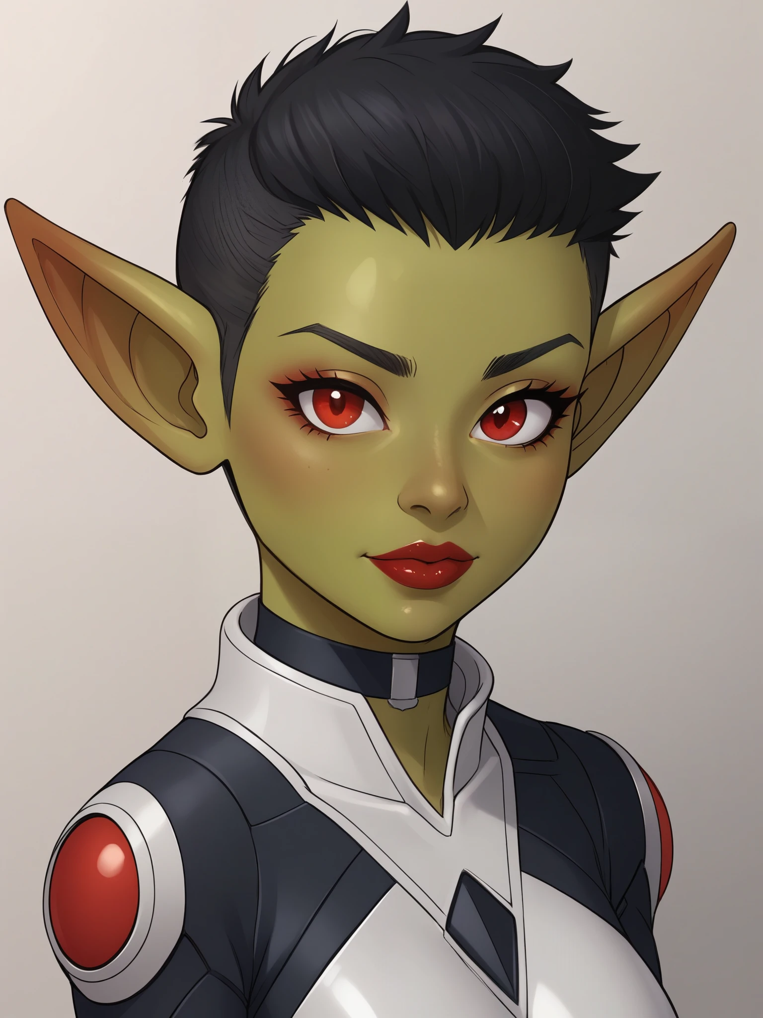 Goblin girl. red eyes. dark green skin. very short hairstyle. choker. red lips. iron suit