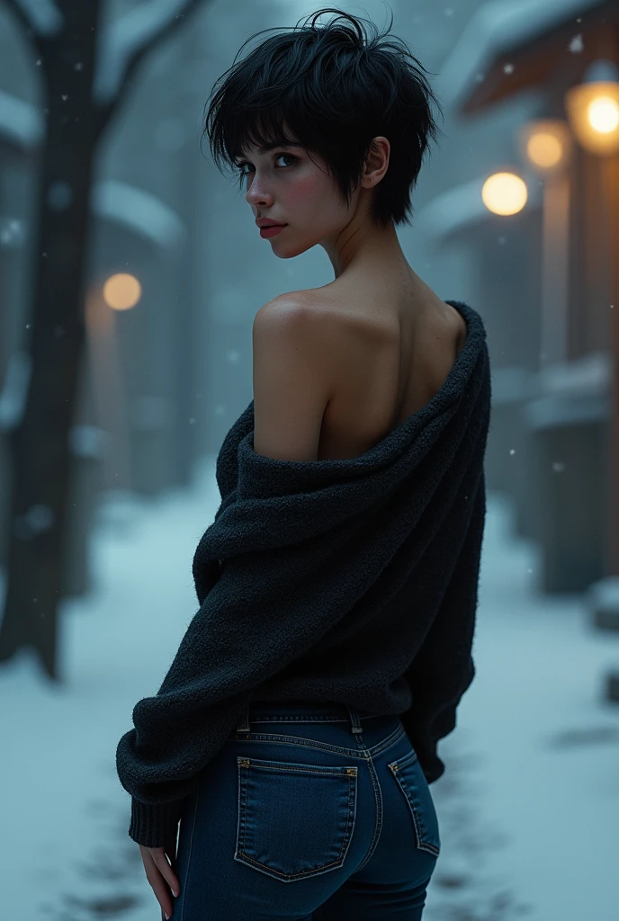 Super Skinny Girl, Spanish model. Whole body, rear view, buttocks, tight deep blue jeans, (long wool sweater), star eye, blush, perfect lighting, short messy hair, black eyes, unreal engine, side lighting, (winter outdoor scene), detailed face, hits, shiny skin, bottom, dark light. Ultra real style. Golden ratio