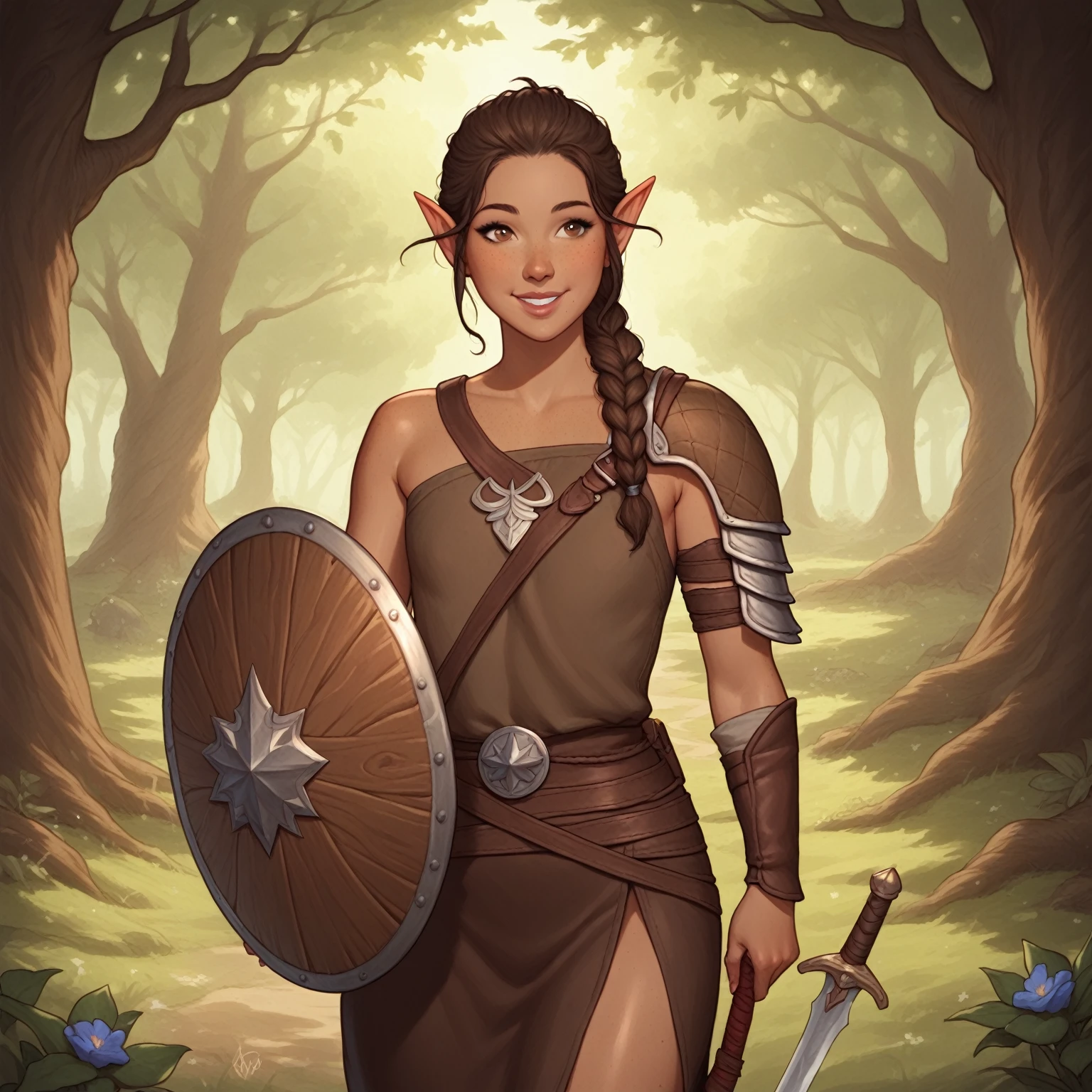 (((beautiful, high quality, perfect eyes, comics style, semi-realistic, detailed face))), score_9, score_8_up, score_7_up, BREAK 1girl, solo, Tevvi, half-elf female, Druid, dungeons & dragons, DnD, tan skin, freckled skin, Chestnut-brown hair, big dark-brown "doe" eyes, hair pulled back, ponytail, braid, stray strands of hair, lovely easy smile, youthful features, young face, flat chested, budding breasts, brown leather armor, buckskin leggings, brown leather boots, well-crafted, etched design on leather, carrying curved sword, well-crafted, 1 small round wooden shield, braided vines on shield, vines with flowers on them, protected by magic, forest background