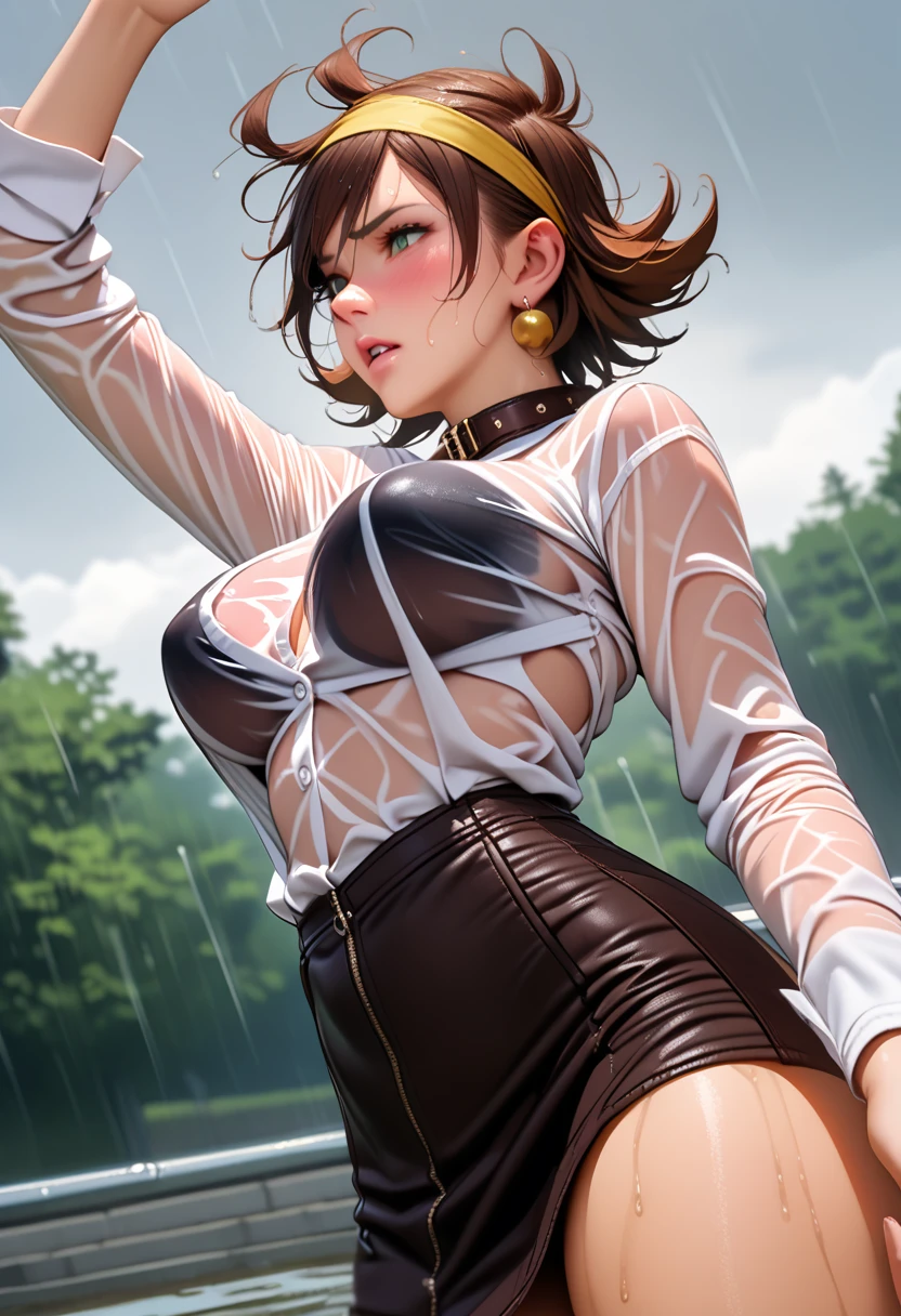 RAIN MIKAMURA,(yellow headband,brown hair,short hair,flipped hair:1.1),perfect hands, perfect finger,perfect anatomy, masterpiece, best quality,realistic, hyperrealistic, 16k hdr,1girl, large breasts,see through nipples,,green eyes,earrings,(shirt,long sleeve),(no skirt,gorgeous panty:1.3),sweat,(red blush,embarrassment:1.2) ,(leather collar), outdoor,rainy day,park,(wet shirt:1.3),standing,sexy pose,arm up,strong wind,(from below:1.2),spread legs,open shirt,cleavage