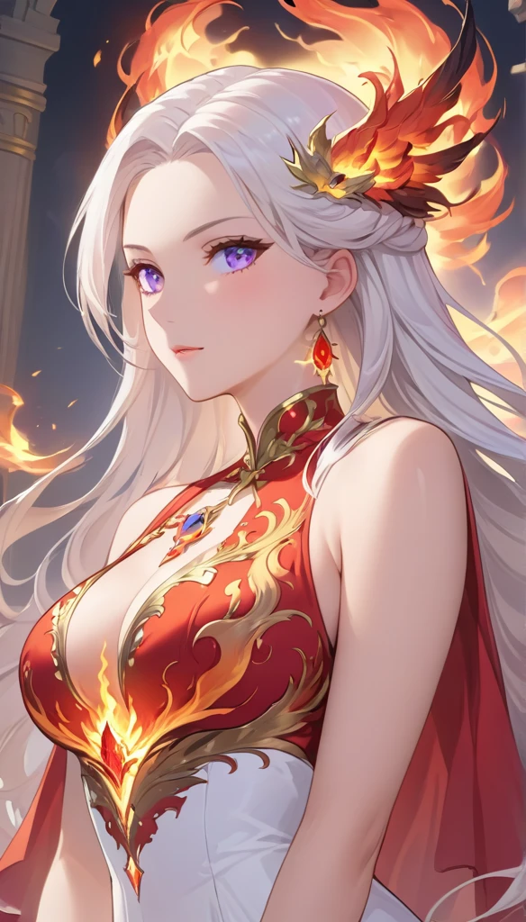 (best quality,4k,8k,highres,masterpiece:1.2) The mythology bird Phoenix also known as the Fenghuang is a divine figure bird with a body made of beautiful flames, the whole area is in great flames and raining fire, burning everything down and starting all over again, the ruler of reincarnation and eternity, a dazzling light will remain and a new life will begin,dynamic angle,from below,edelgard_von_hresvelg,white hair,purple eyes,red and gold fiery gown,large breasts, face focus,mature_female,(ai-generated:0.25),very long hair