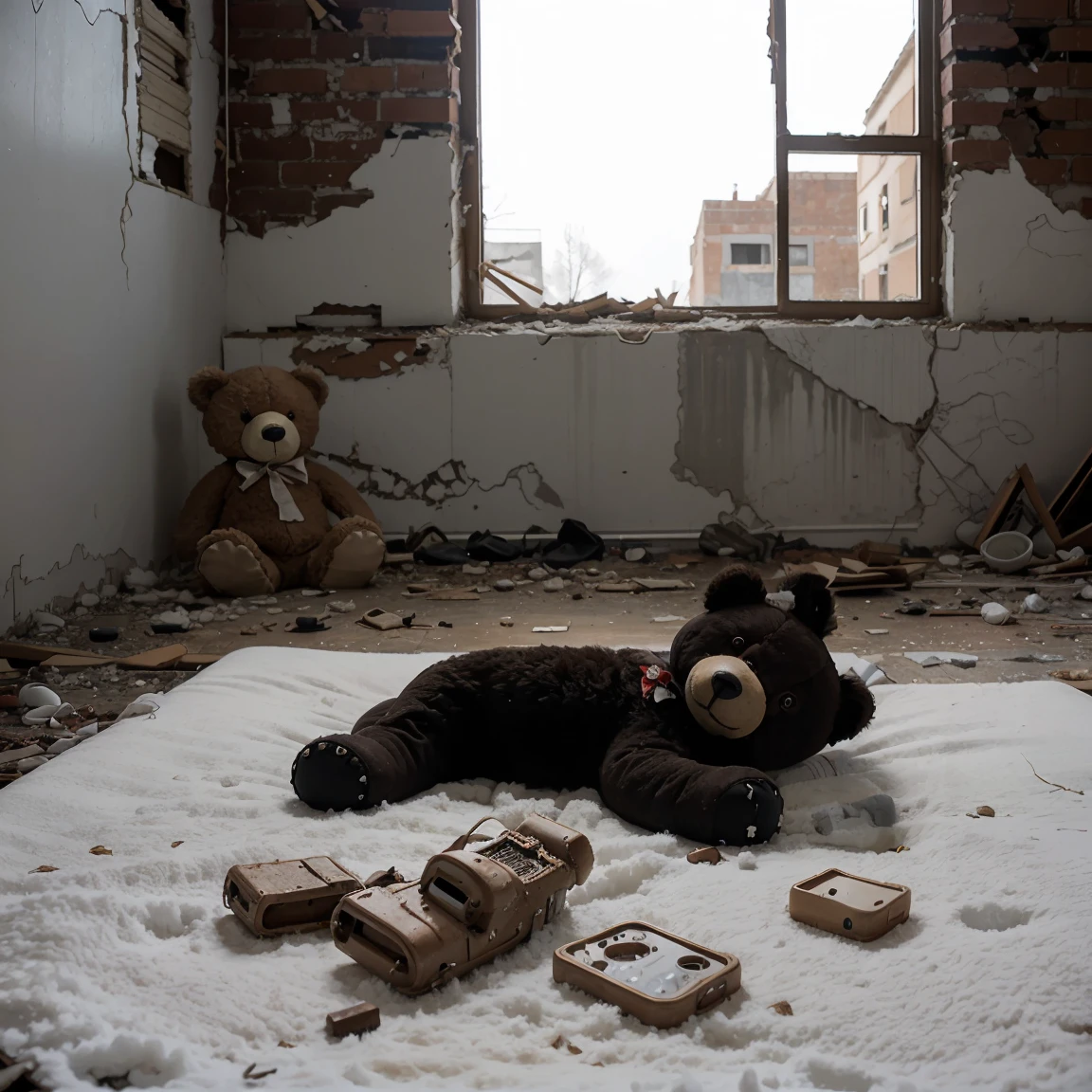 A teddy bear abandoned in a ruined home devastated by war, The bear is black with white buttons, the bear is lying on an old bed, The background is the ruins of a home where winter snow falls, (masterpiece, best quality, ultra high resolution)