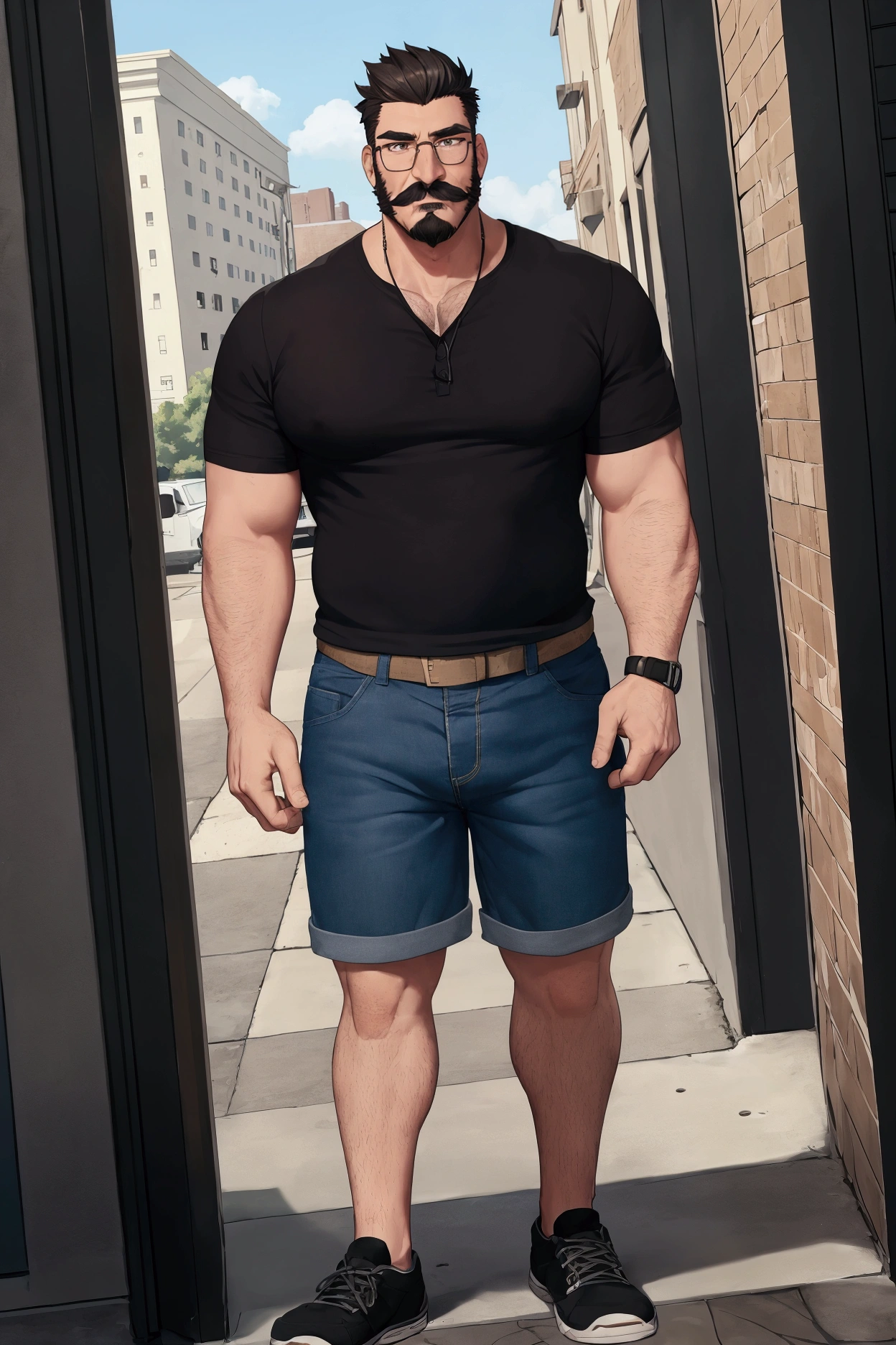 adult man, slender, tall, musclegut, black beard, silver colored short hair, brown eyes, black shirt, blue jean shorts, black sneakers with white accent, round glasses, mustache, very hairy chest, realistic anatomy, very hairy body, neutral expression, looking toward viewer, standing outside in town, afternoon, full body, perfect lighting, huge bulge, human